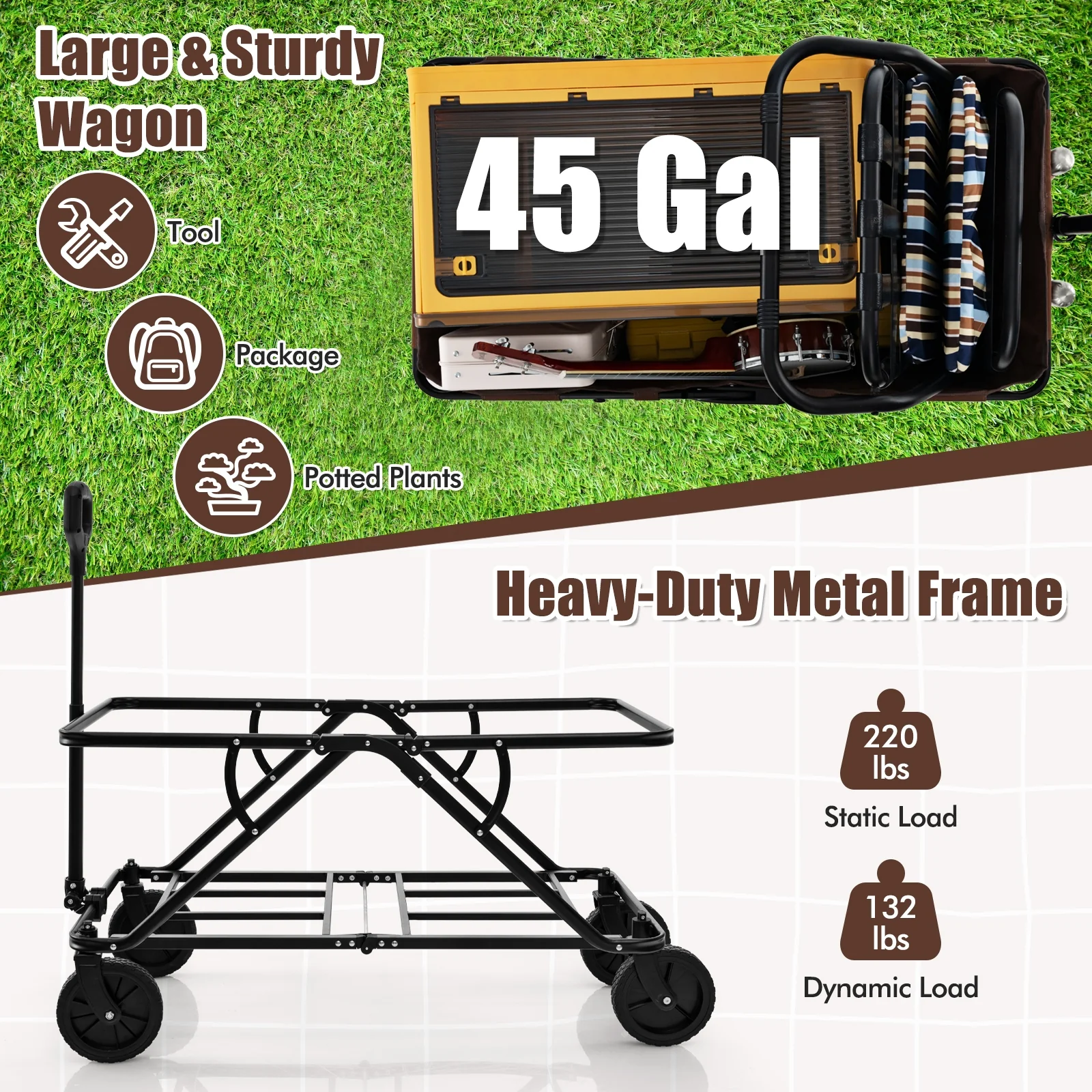 Collapsible Folding Wagon Cart, Adjustable Handlebar, Coffee - Image 7