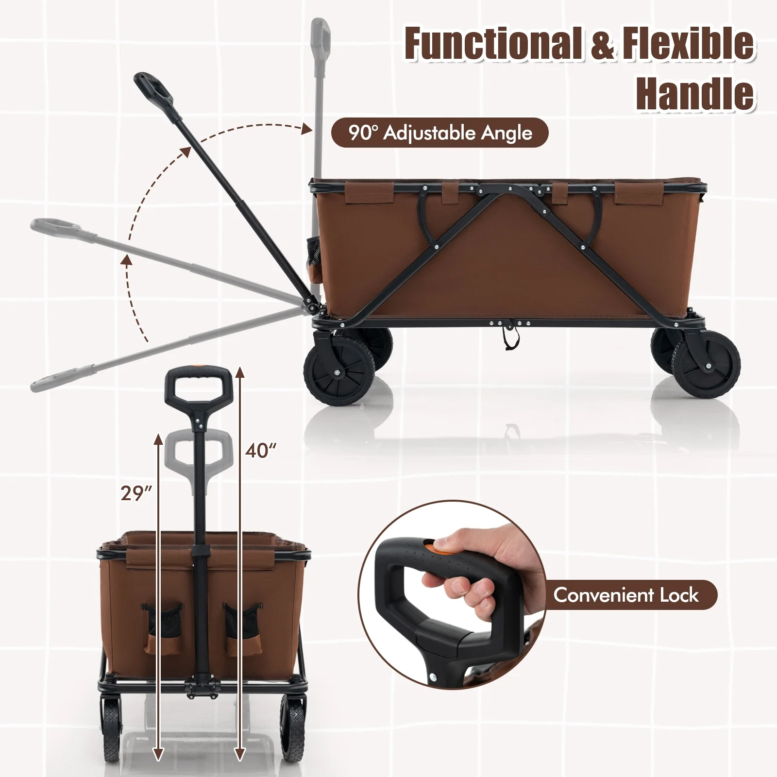Collapsible Folding Wagon Cart, Adjustable Handlebar, Coffee - Image 8