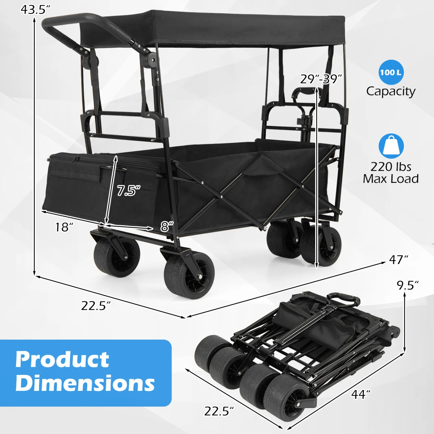 Collapsible Wagon, Removable Canopy, Adjustable Handles, Black - Image 4