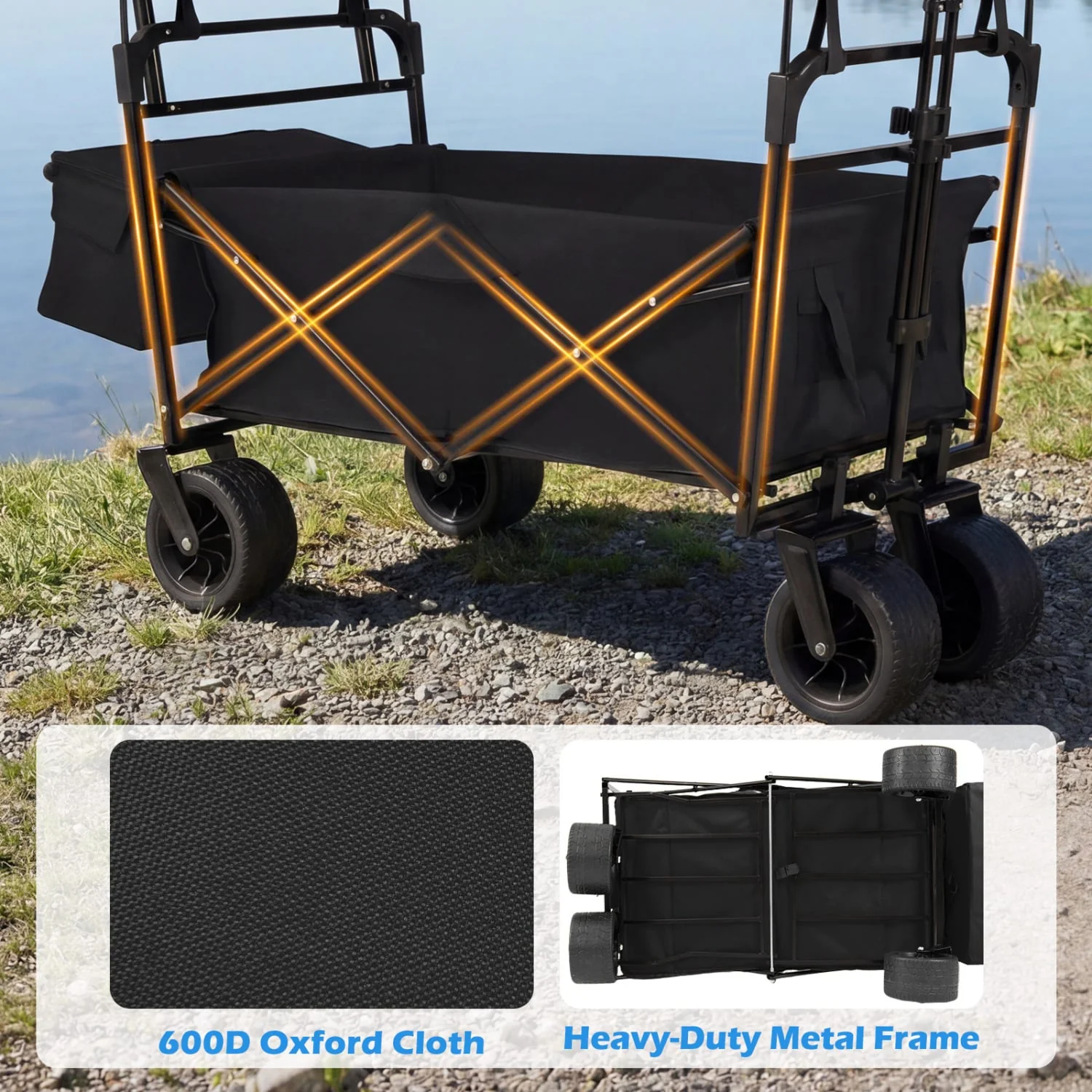 Collapsible Wagon, Removable Canopy, Adjustable Handles, Black - Image 5