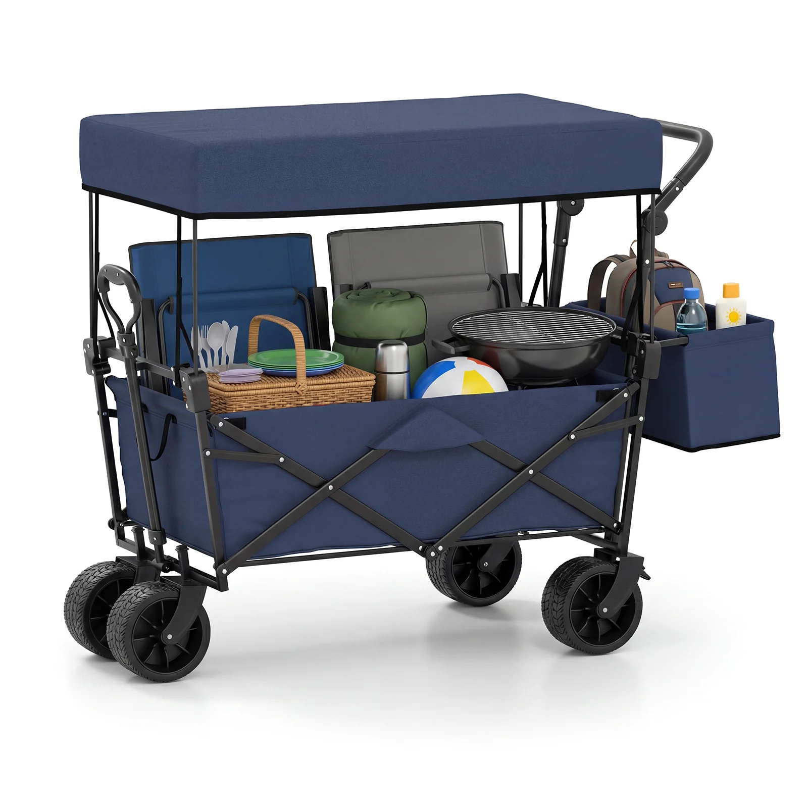 Collapsible Wagon, Removable Canopy, Detachable Storage Bag, Blue - Image 3