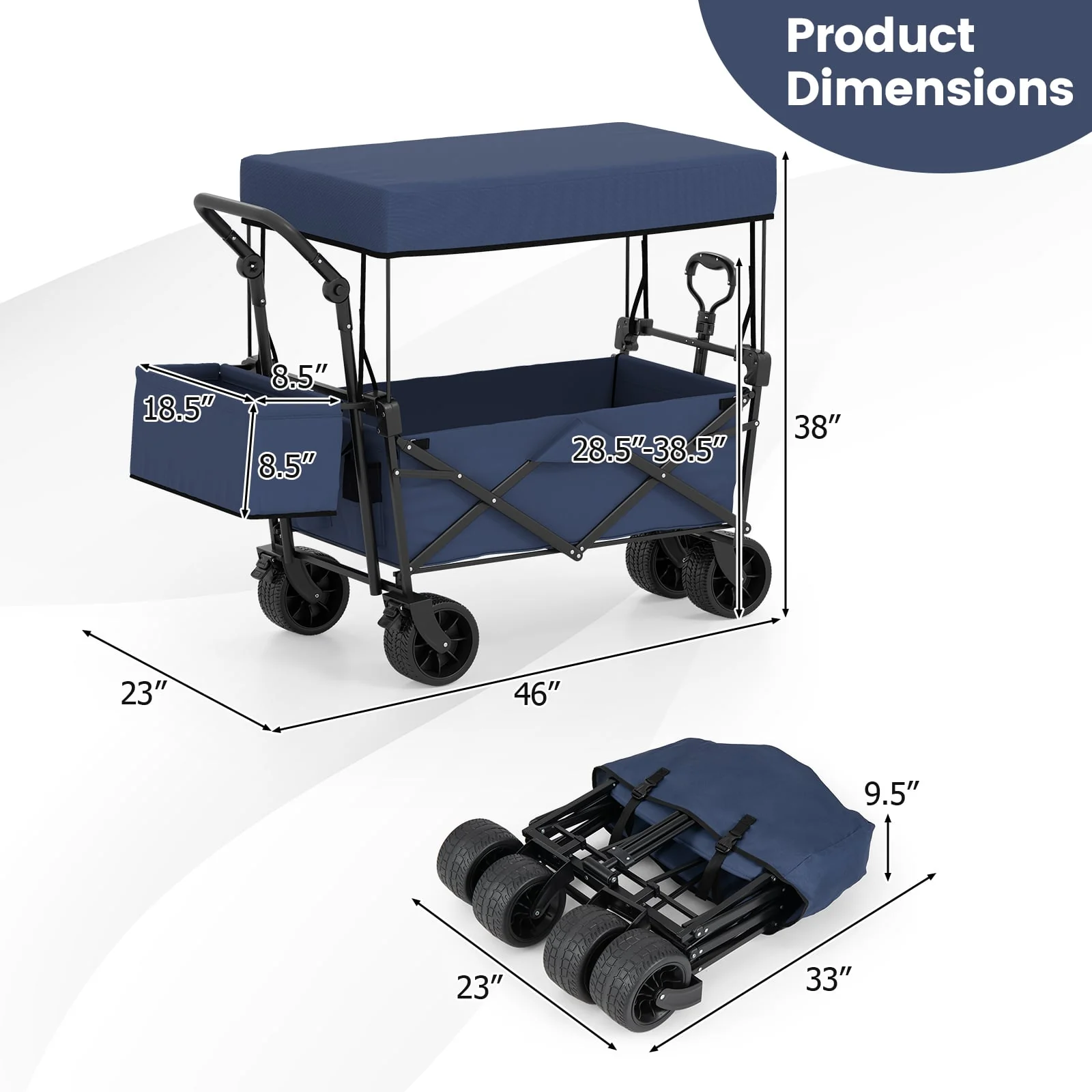 Collapsible Wagon, Removable Canopy, Detachable Storage Bag, Blue - Image 4
