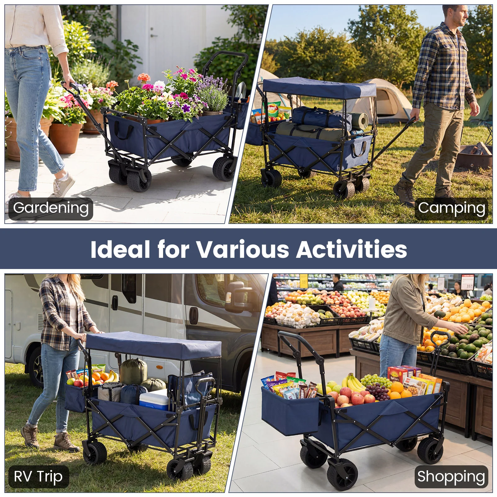 Collapsible Wagon, Removable Canopy, Detachable Storage Bag, Blue - Image 7