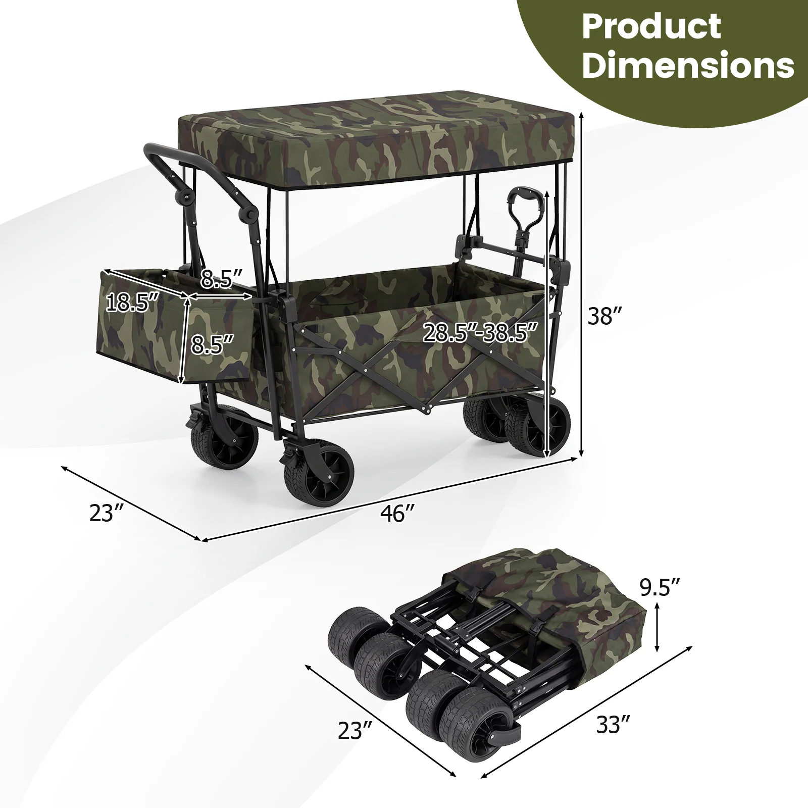 Collapsible Wagon, Removable Canopy, Detachable Storage Bag, Green - Image 4
