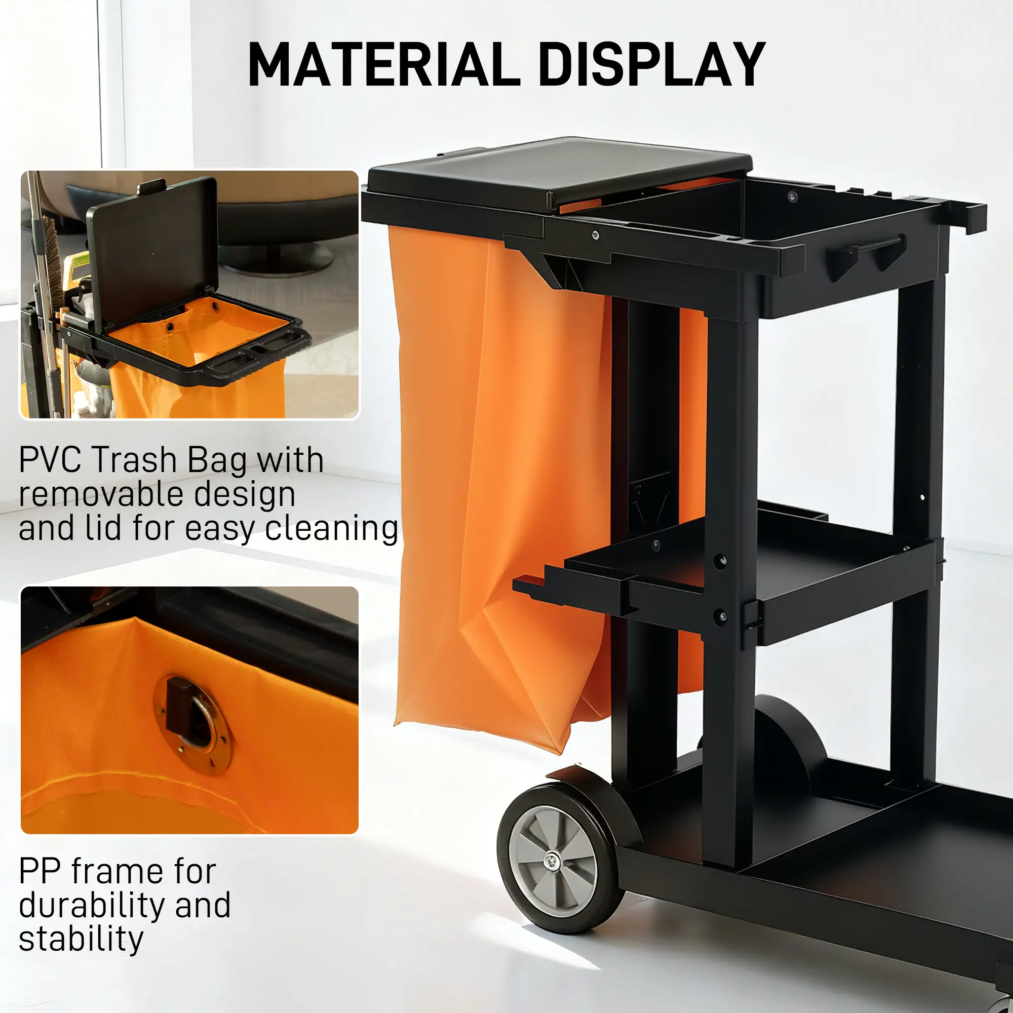 Commercial Janitorial Cart, 3 Tier Shelves, Black - Image 6