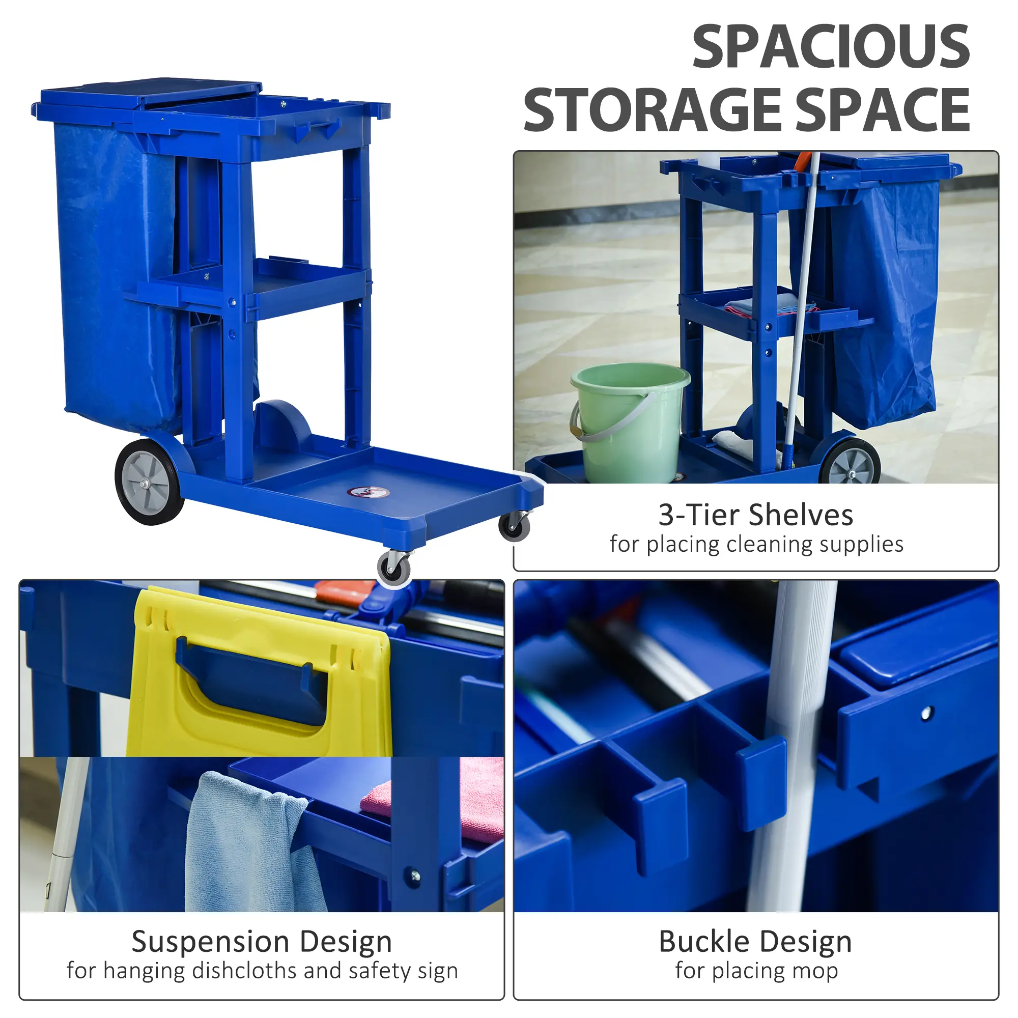 Commercial Janitorial Cart, 3 Tier Shelves, Cleaning Trolley, Rubbish Bag, Mop Mount, Blue - Image 4