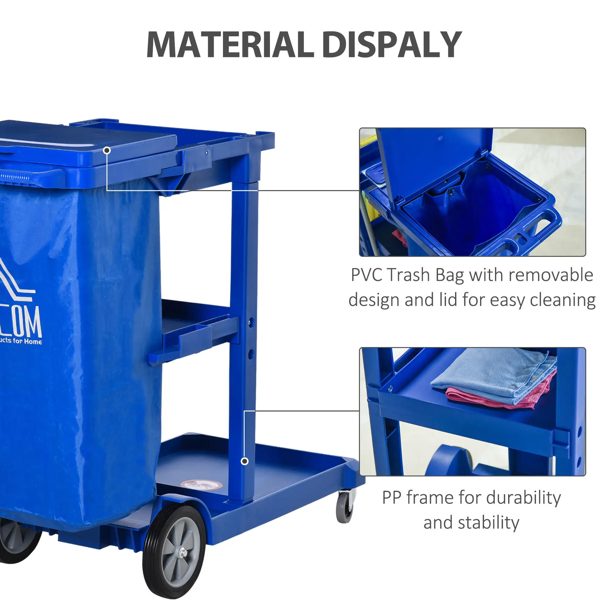 Commercial Janitorial Cart, 3 Tier Shelves, Cleaning Trolley, Rubbish Bag, Mop Mount, Blue - Image 6