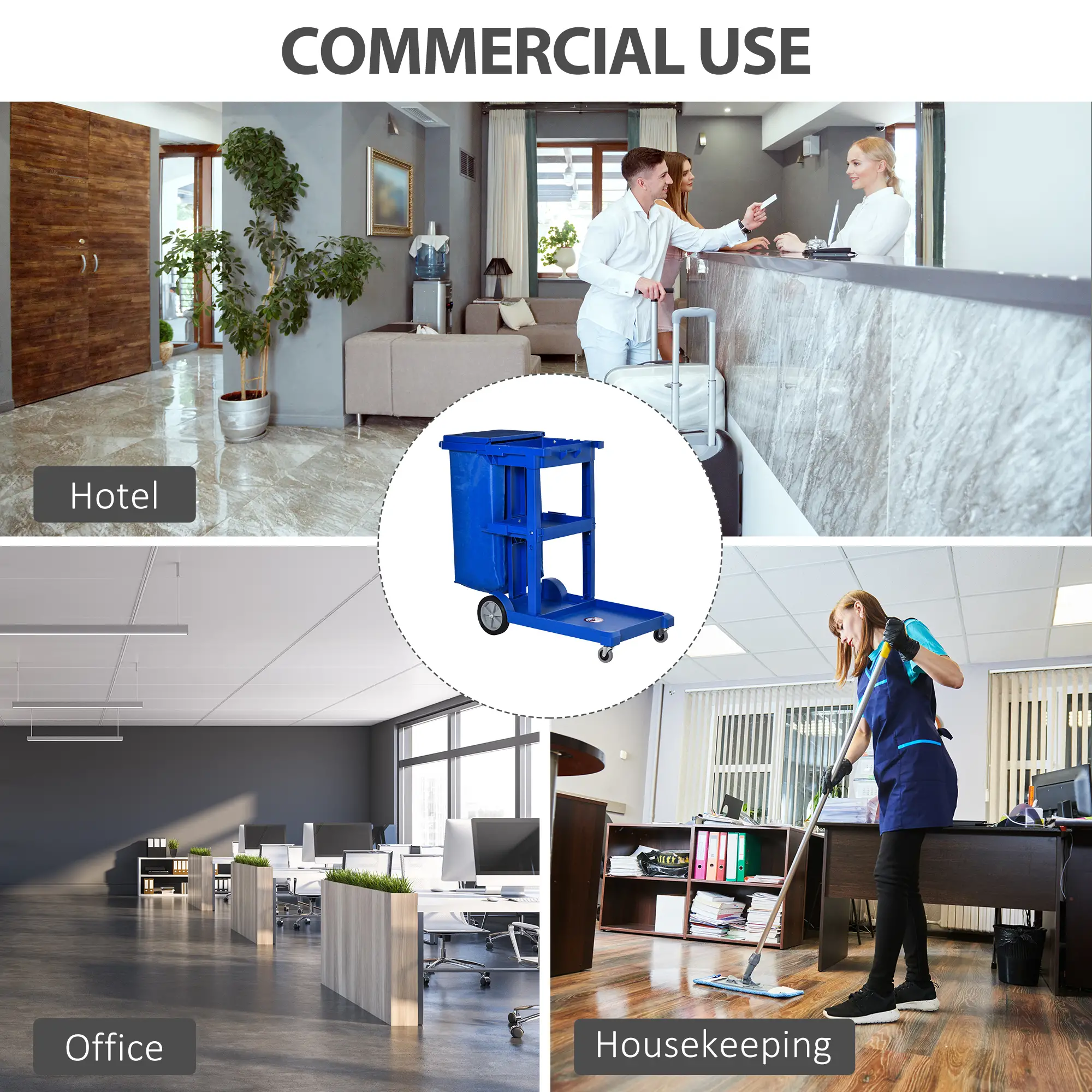 Commercial Janitorial Cart, 3 Tier Shelves, Cleaning Trolley, Rubbish Bag, Mop Mount, Blue - Image 7