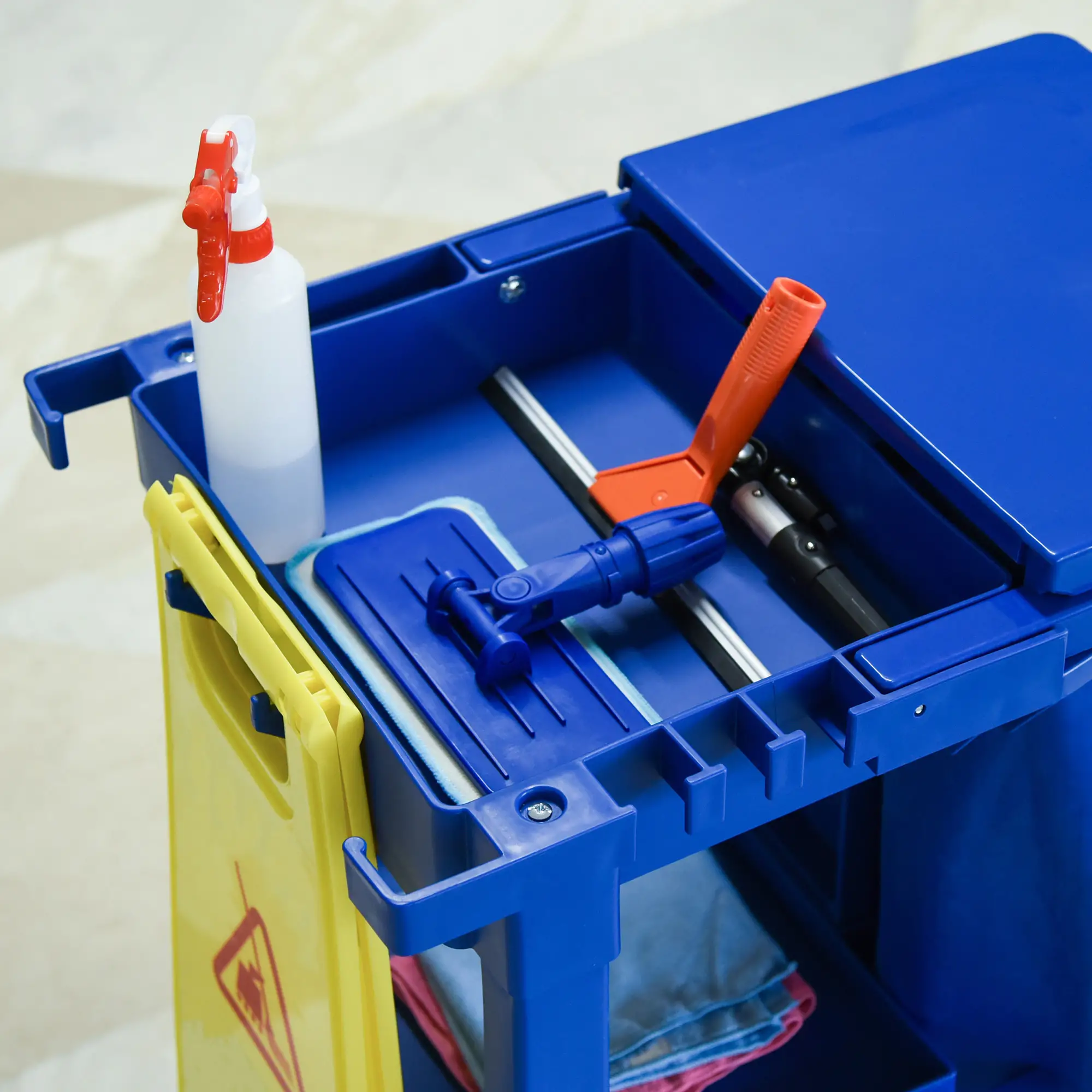 Commercial Janitorial Cart, 3 Tier Shelves, Cleaning Trolley, Rubbish Bag, Mop Mount, Blue - Image 9