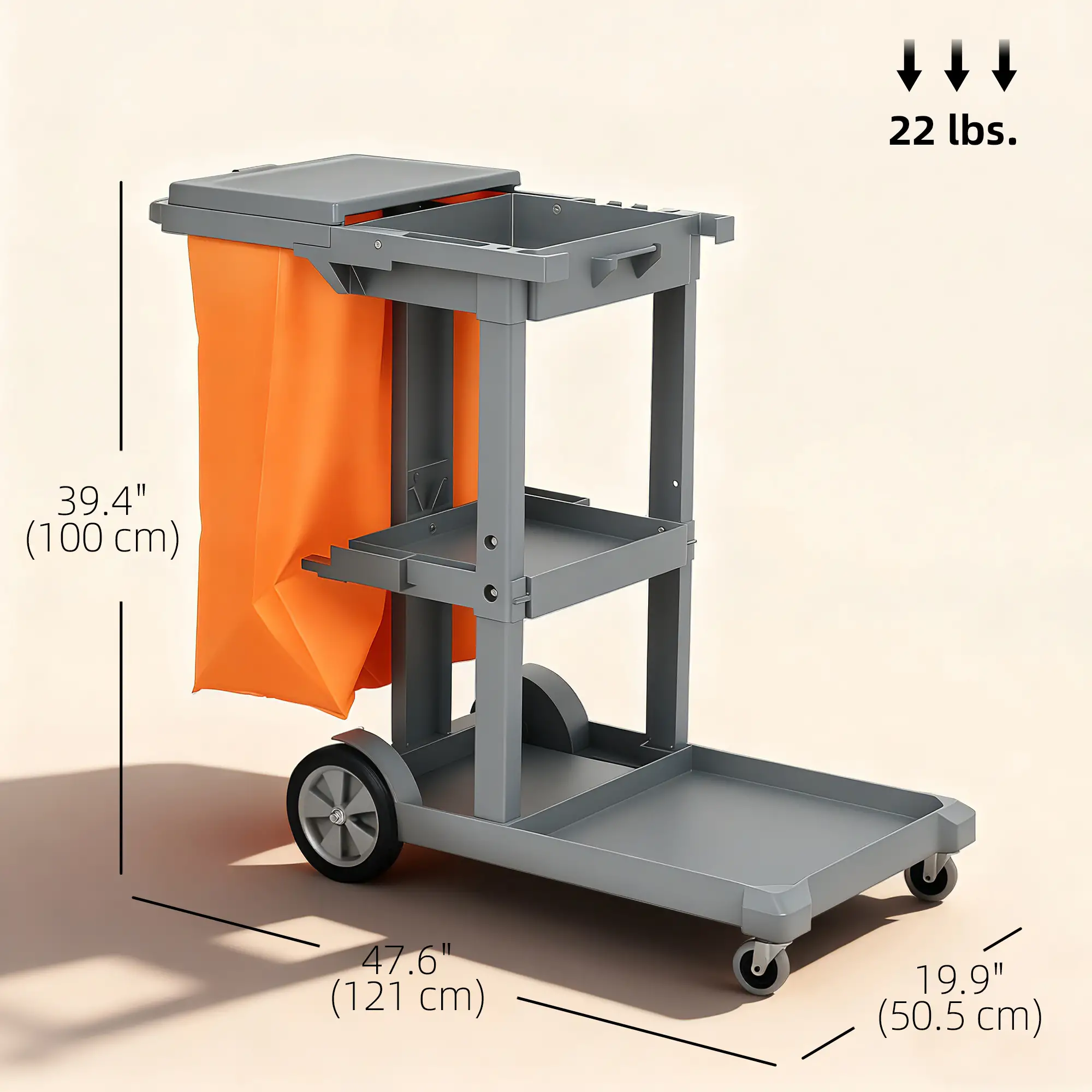 Commercial Janitorial Cart, 3 Tier Shelves, Grey - Image 3