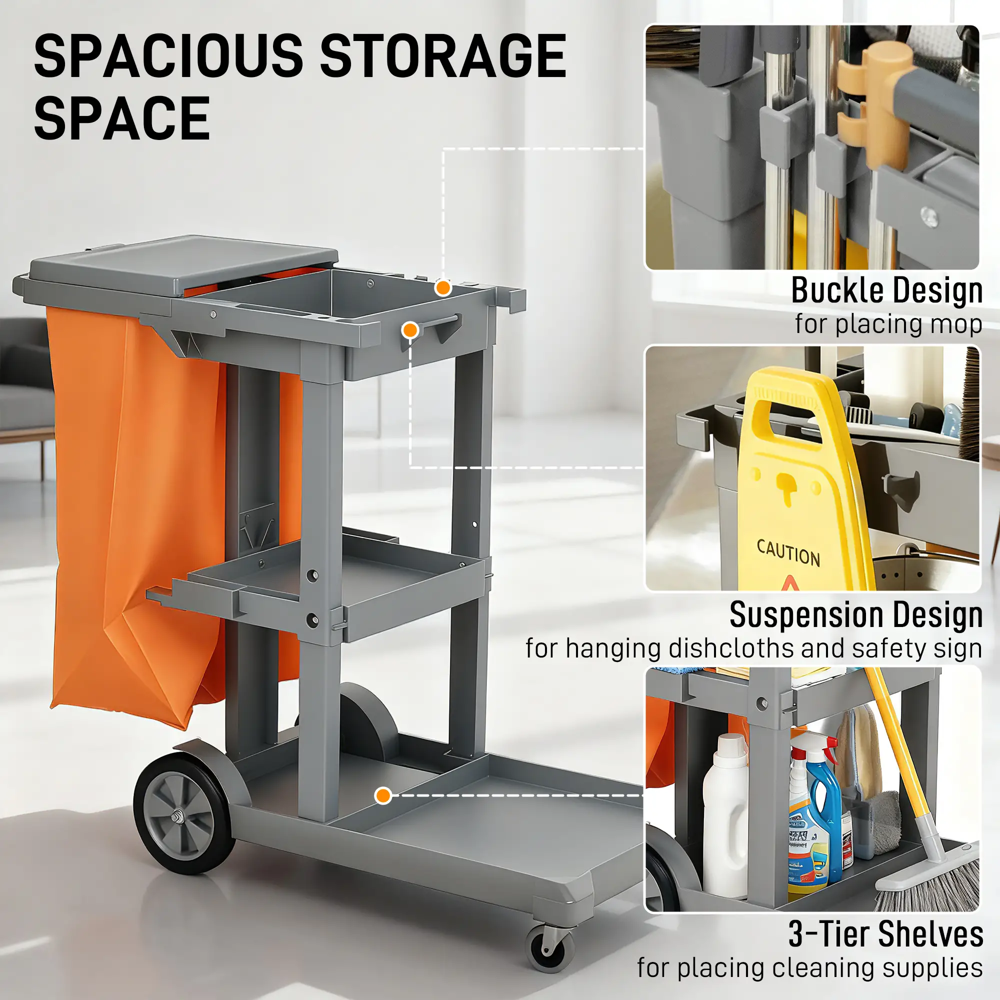 Commercial Janitorial Cart, 3 Tier Shelves, Grey - Image 4