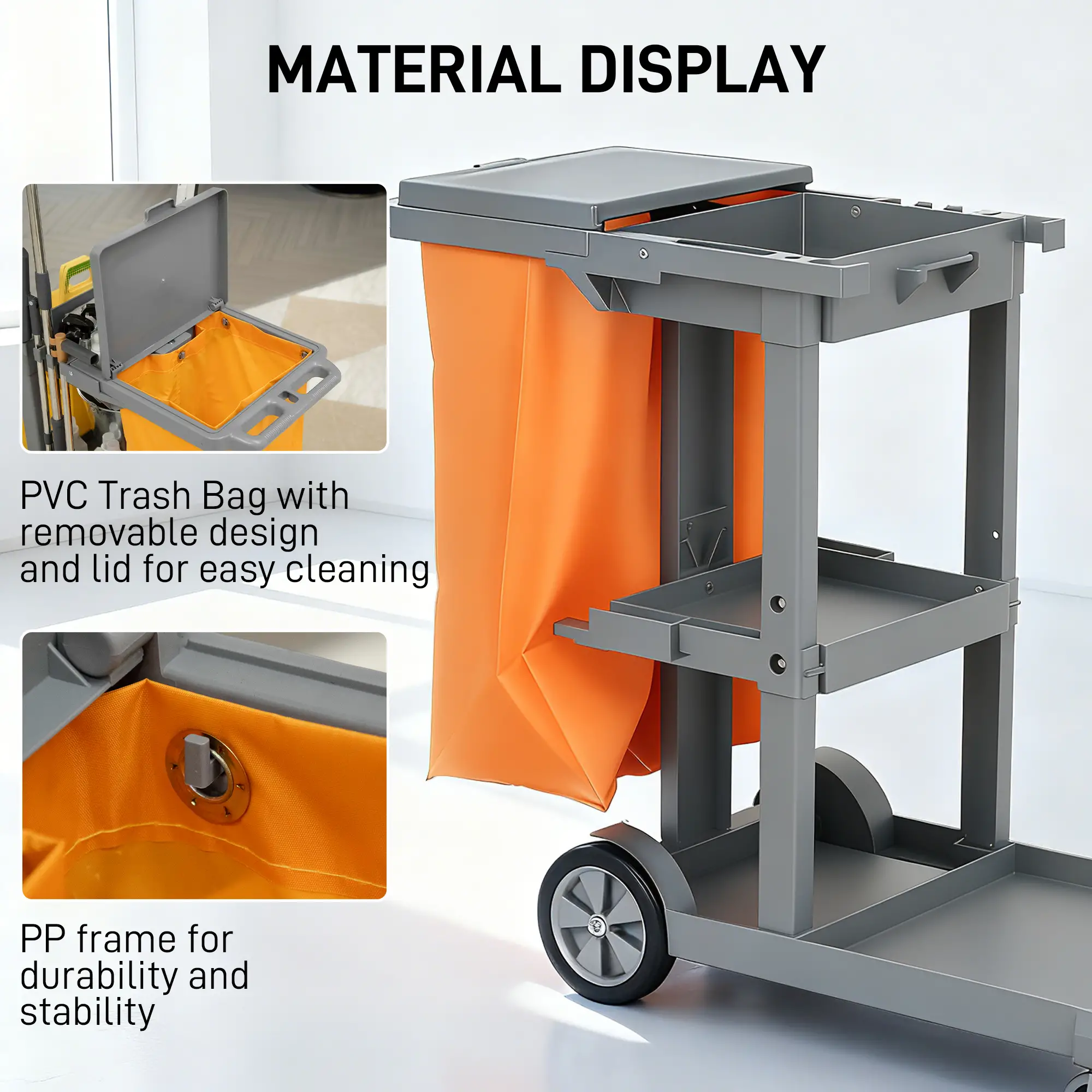 Commercial Janitorial Cart, 3 Tier Shelves, Grey - Image 6