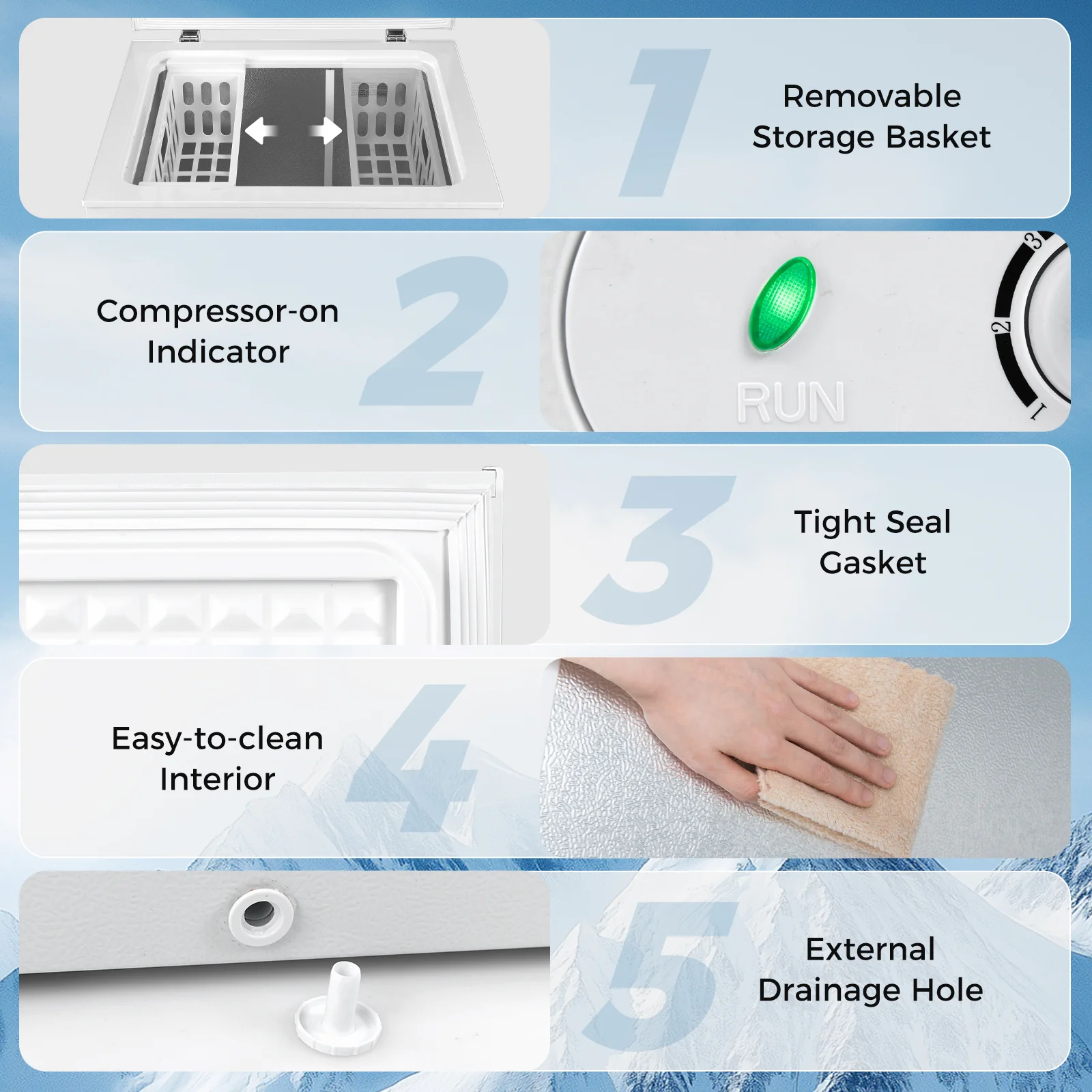 Compact Chest Freezer, 5 Cu.Ft, 7-Gear Adjustable Temperature, White - Image 7