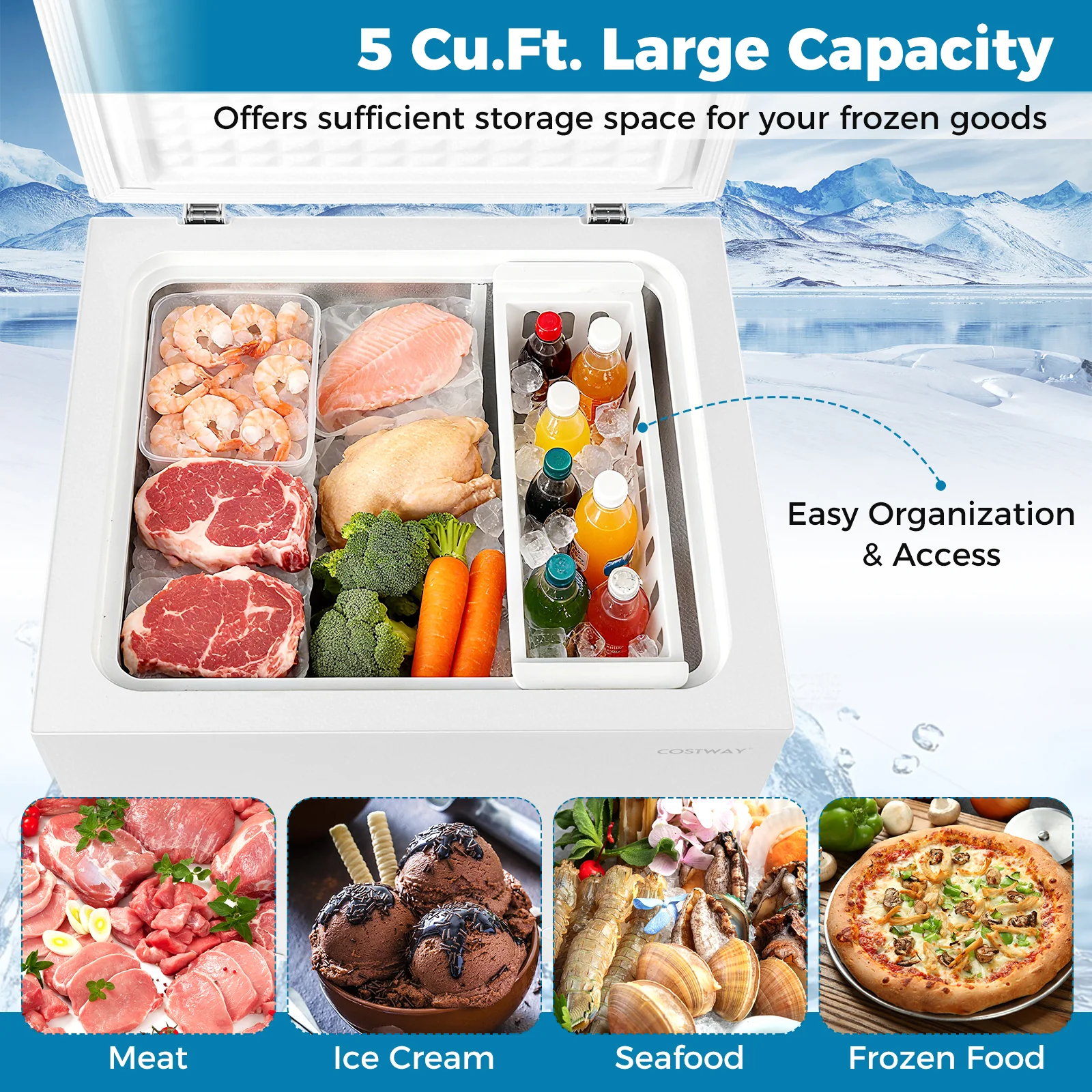 Compact Chest Freezer, 5 Cu.Ft, 7-Gear Adjustable Temperature, White - Image 9