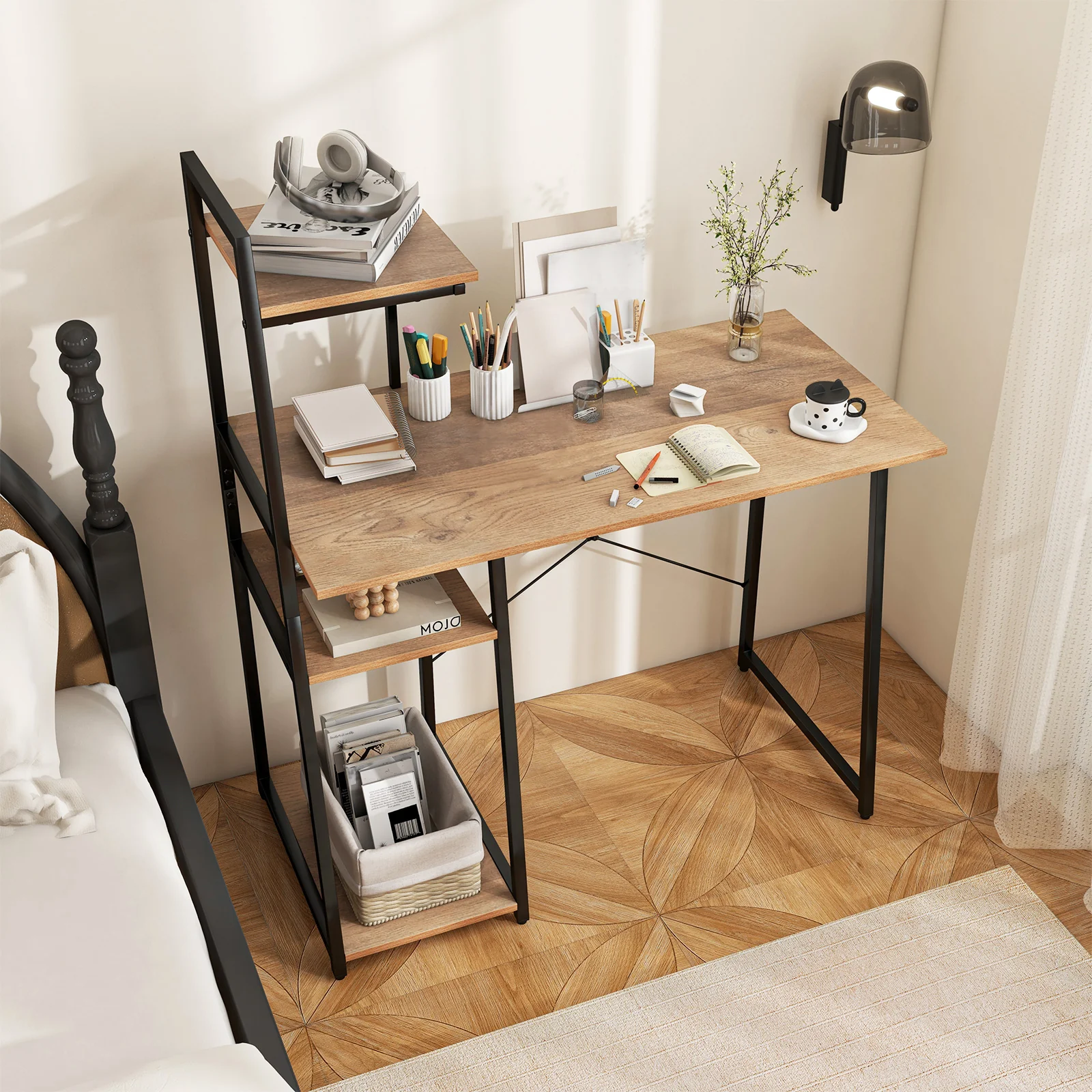 Compact Computer Desk Workstation, 4 Tier Shelves, Natural - Image 2