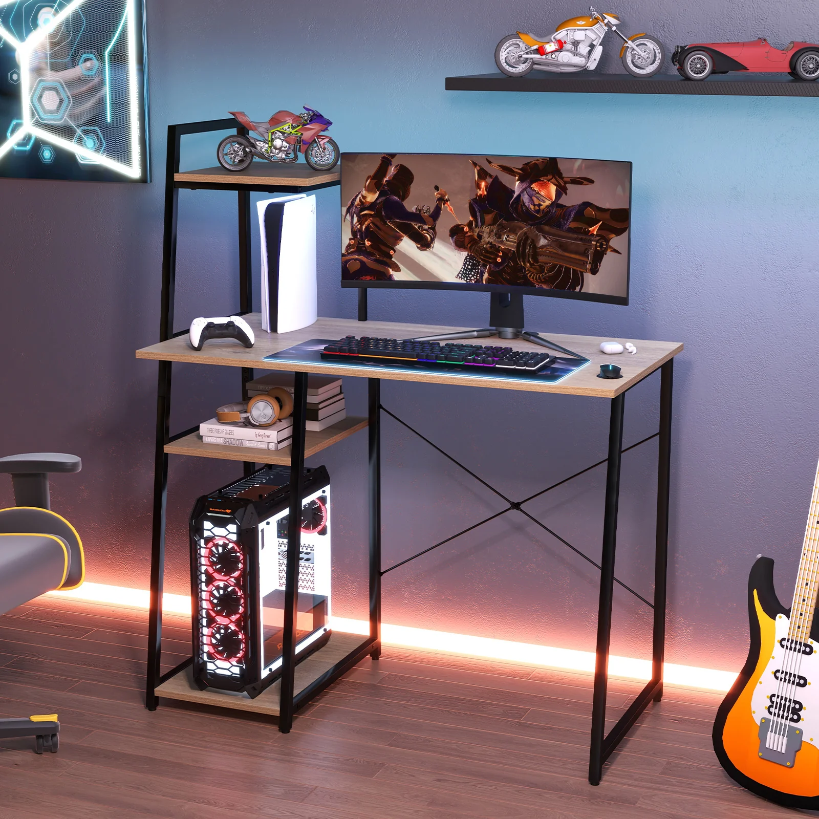 Compact Computer Desk Workstation, 4 Tier Shelves, Natural - Image 3