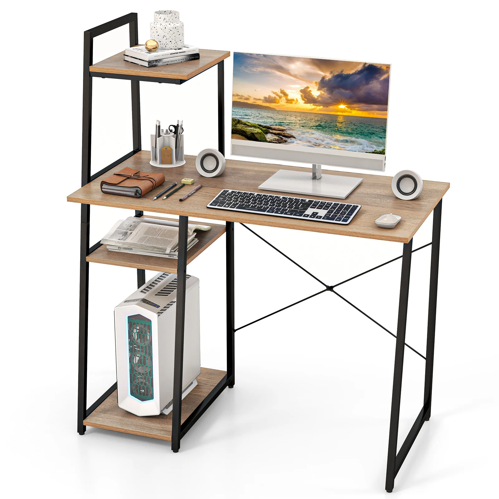 Compact Computer Desk Workstation, 4 Tier Shelves, Natural - Image 5