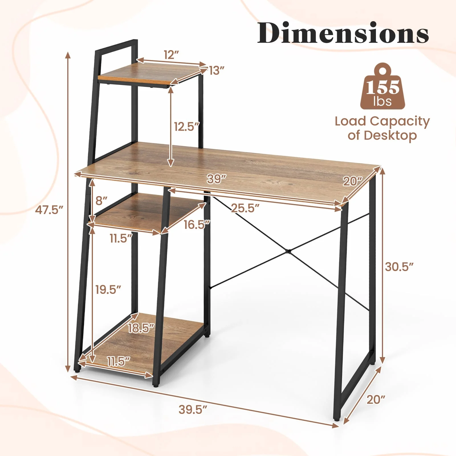 Compact Computer Desk Workstation, 4 Tier Shelves, Natural - Image 6