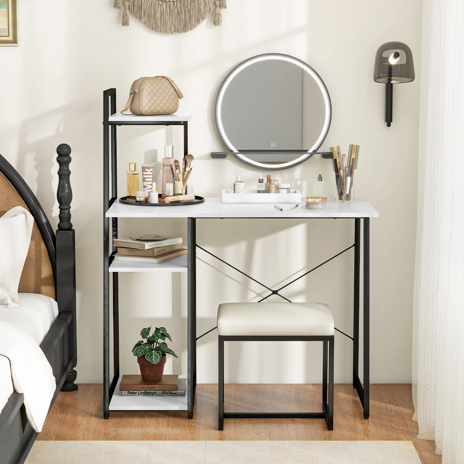 Compact Computer Desk Workstation With 4 Tier Shelves, White - Image 10