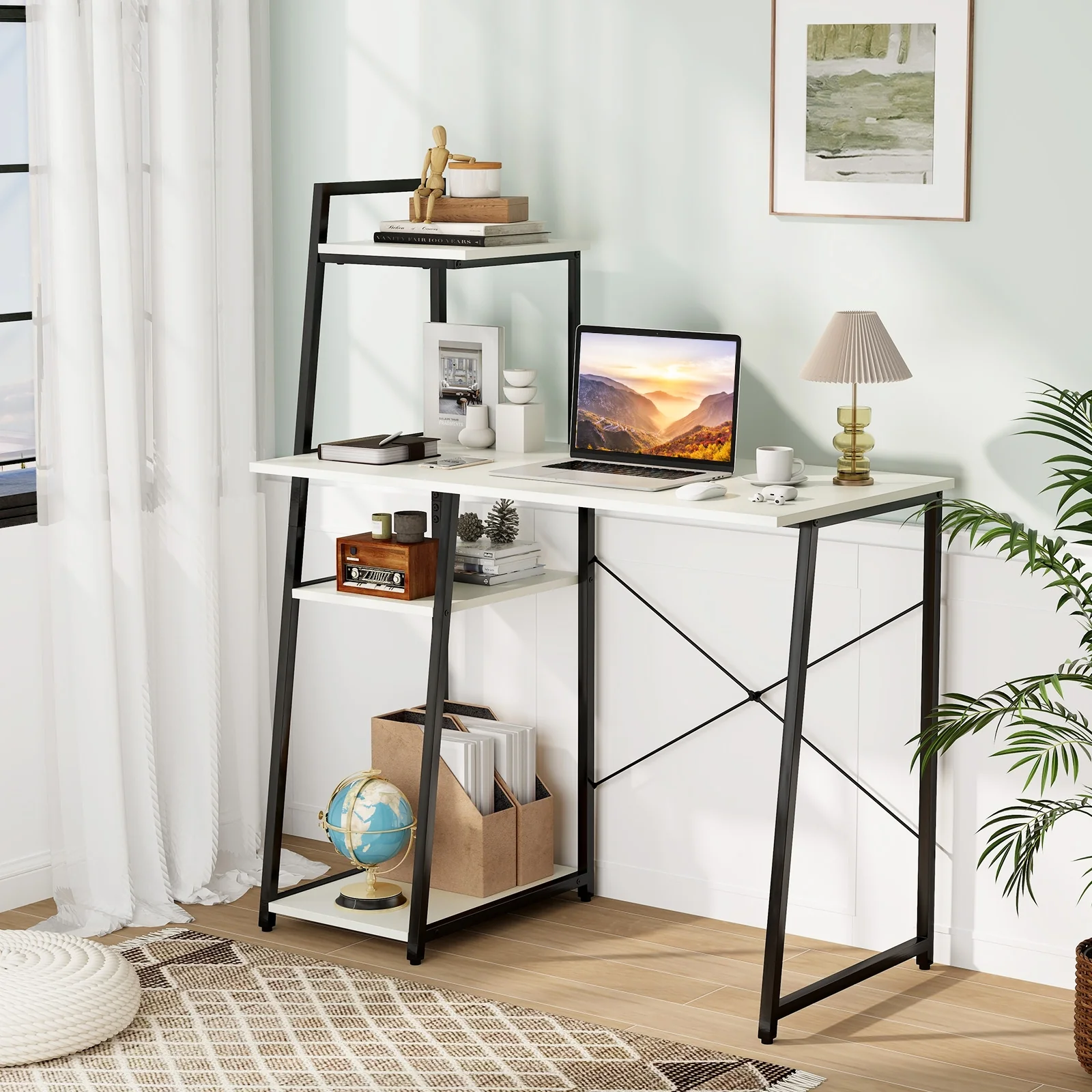 Compact Computer Desk Workstation With 4 Tier Shelves, White - Image 2