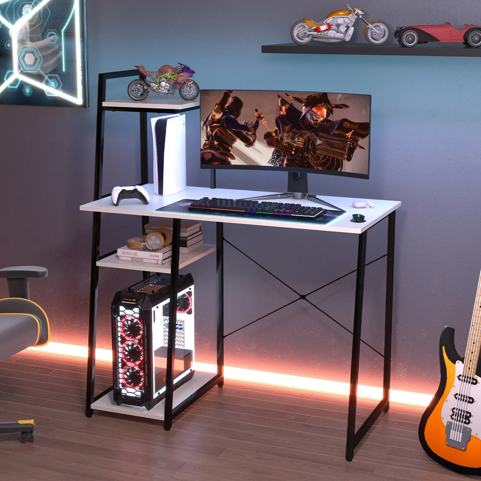 Compact Computer Desk Workstation With 4 Tier Shelves, White - Image 3