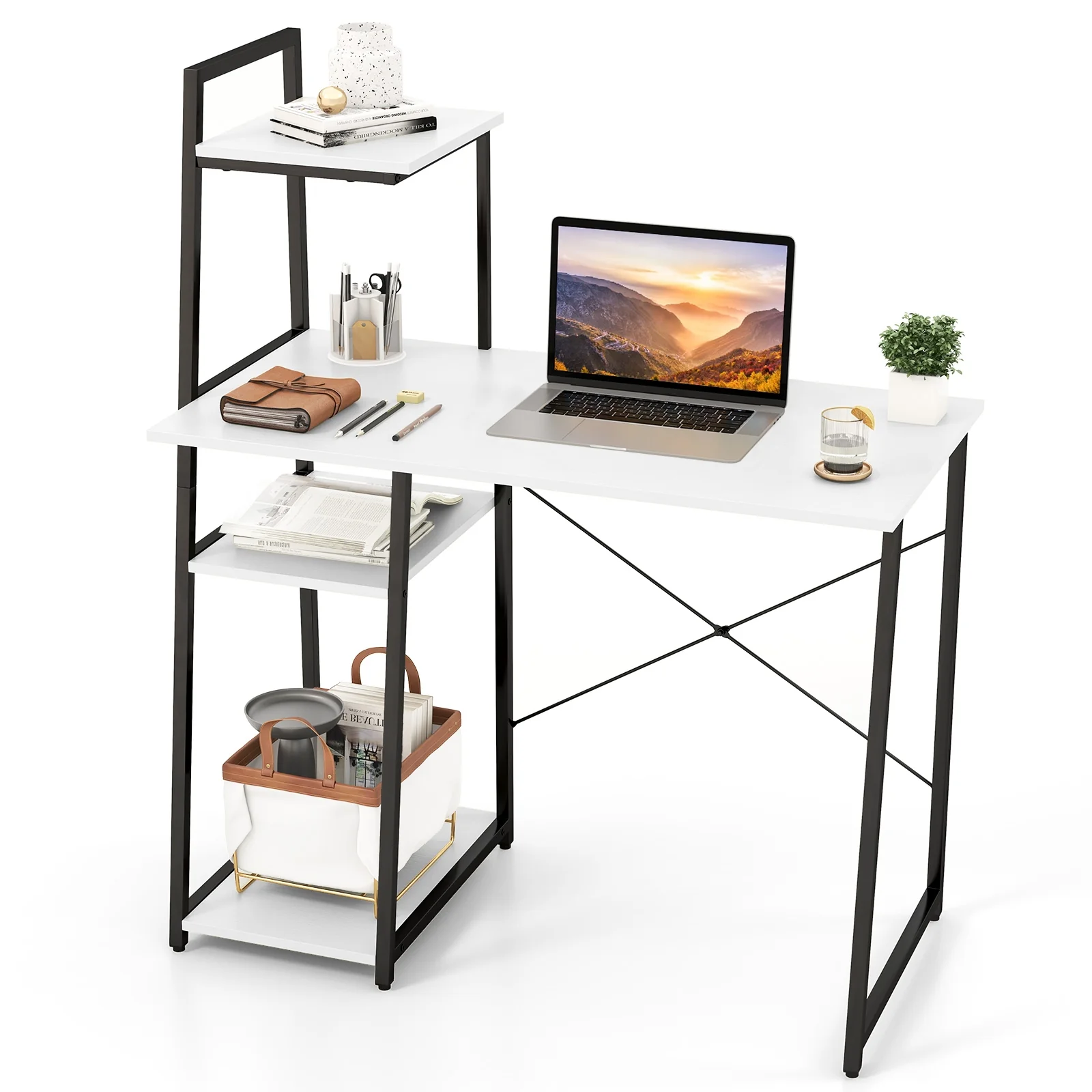 Compact Computer Desk Workstation With 4 Tier Shelves, White - Image 4