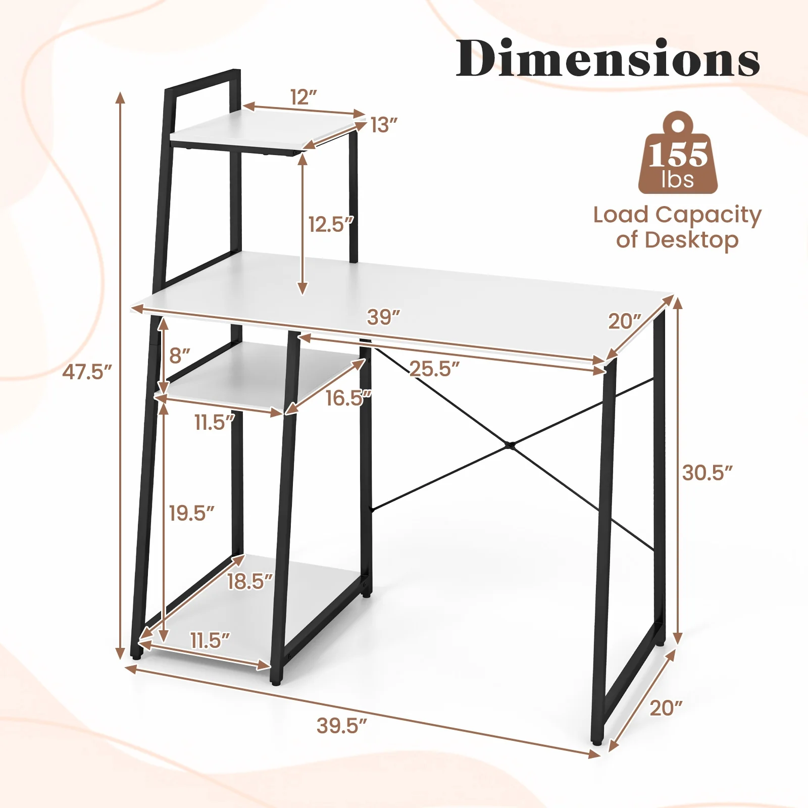 Compact Computer Desk Workstation With 4 Tier Shelves, White - Image 6