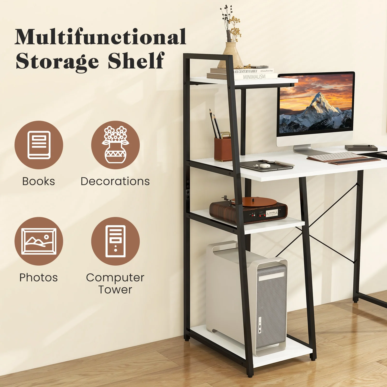 Compact Computer Desk Workstation With 4 Tier Shelves, White - Image 7