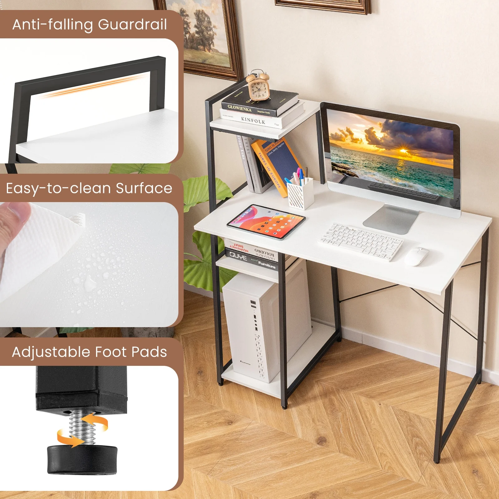 Compact Computer Desk Workstation With 4 Tier Shelves, White - Image 9