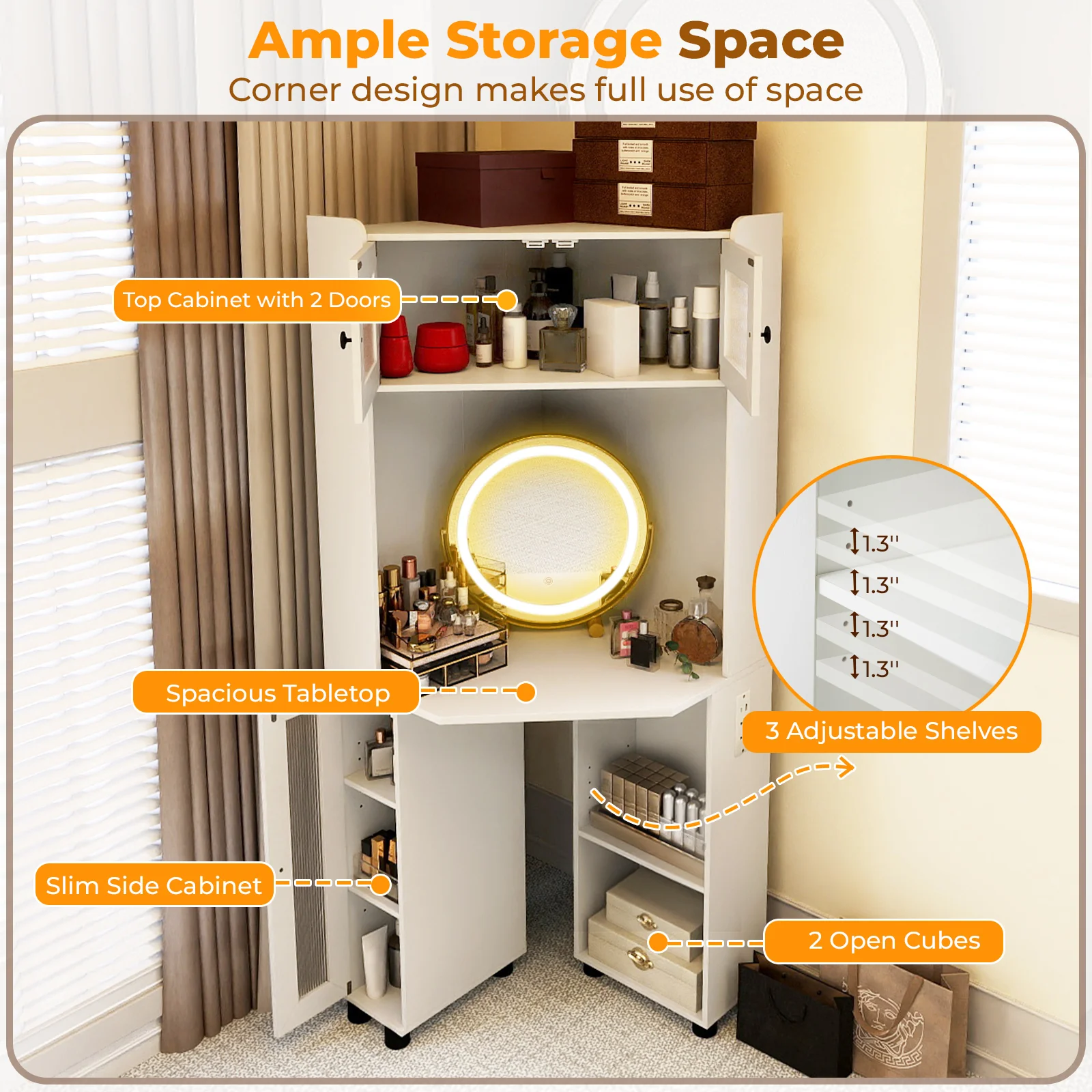 Compact Dressing Corner Vanity Desk with Mirror and Lights, White - Image 10