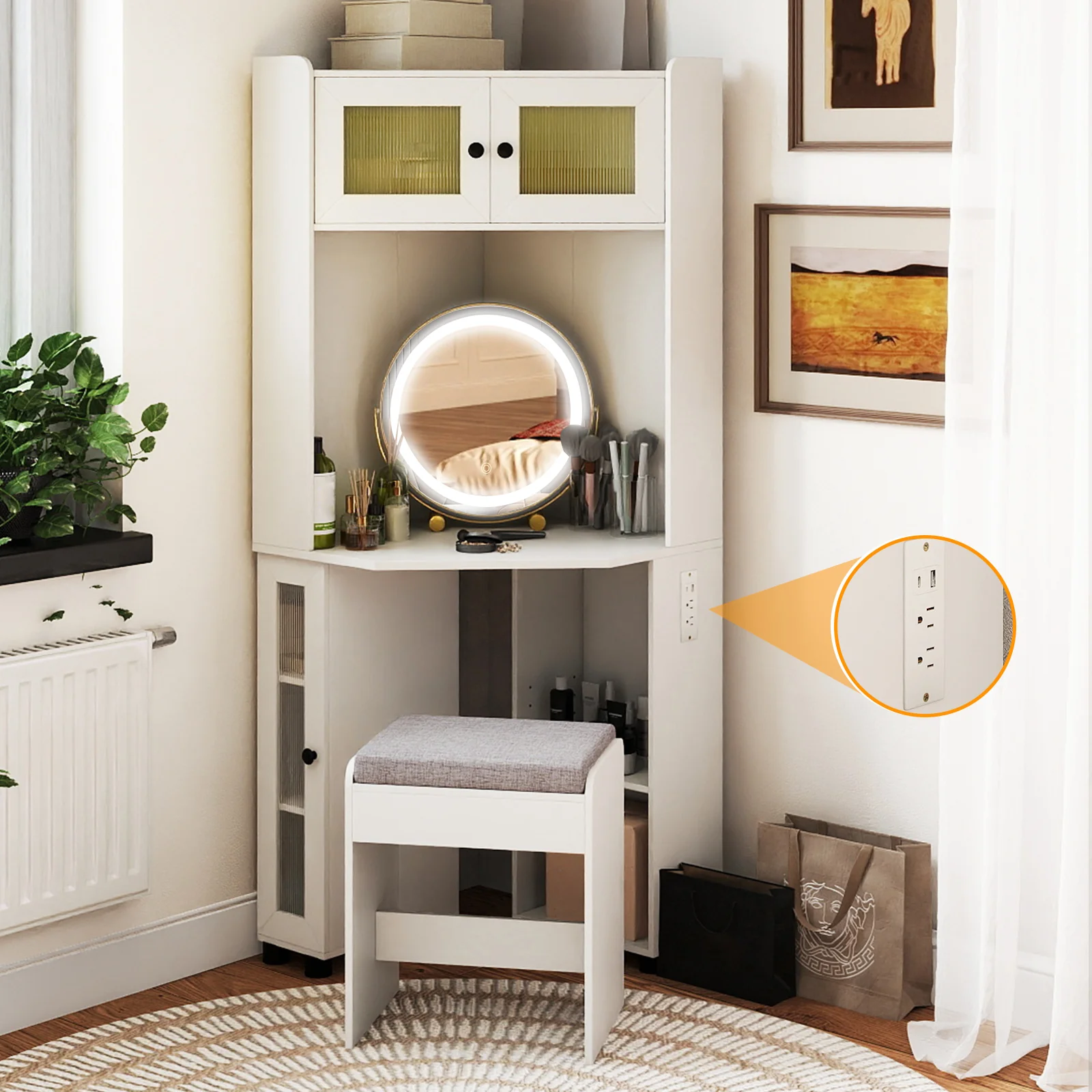 Compact Dressing Corner Vanity Desk with Mirror and Lights, White - Image 2