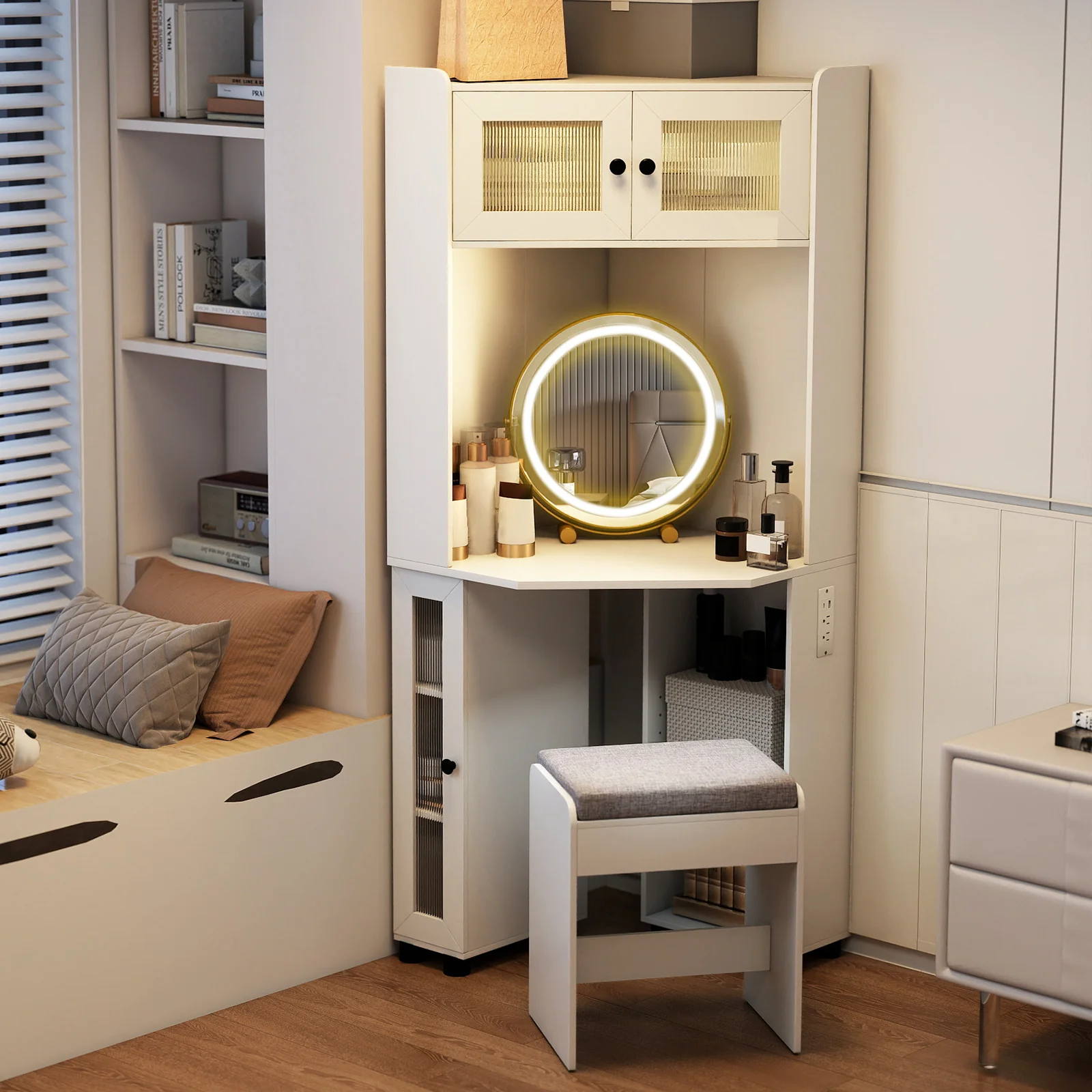 Compact Dressing Corner Vanity Desk with Mirror and Lights, White - Image 3