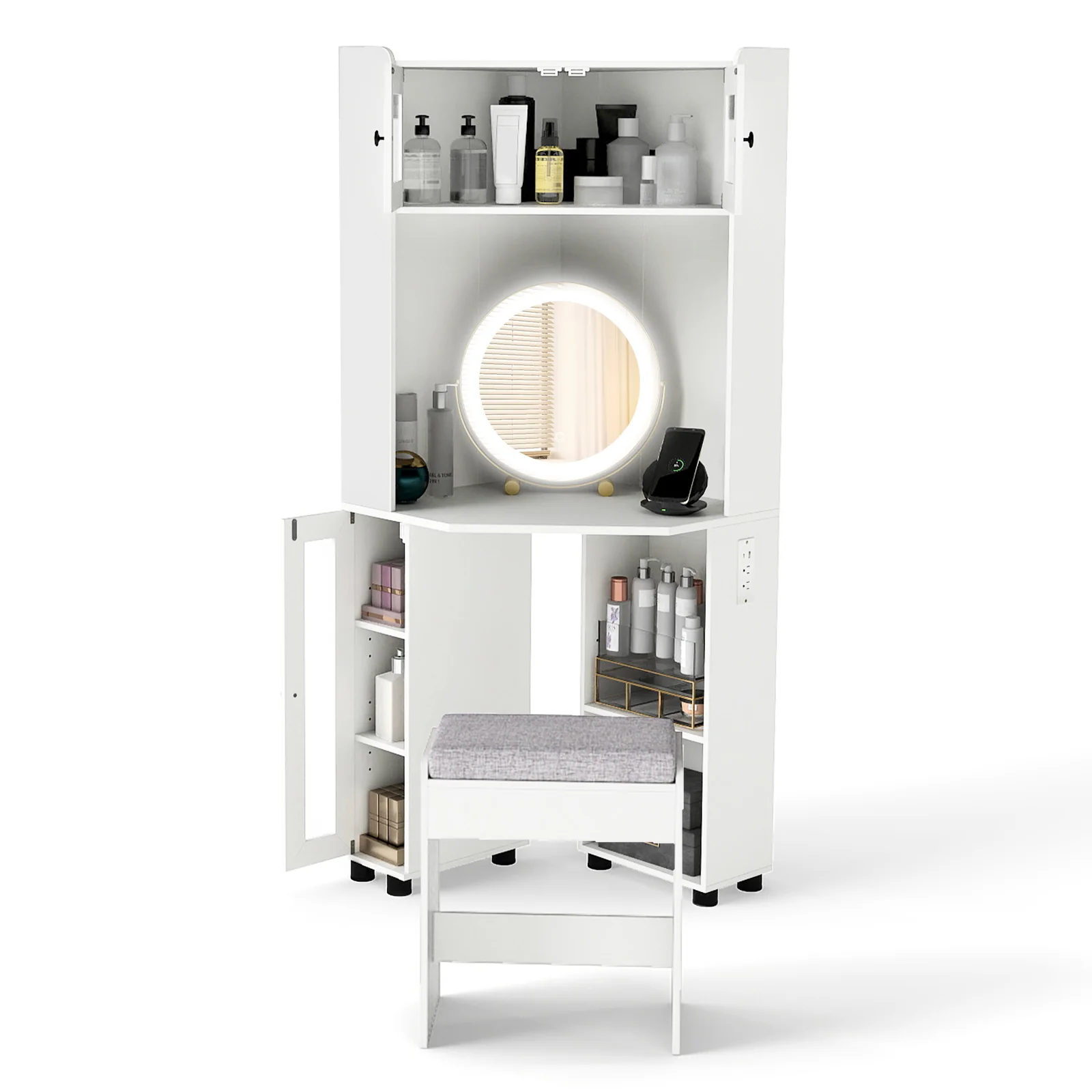 Compact Dressing Corner Vanity Desk with Mirror and Lights, White - Image 4