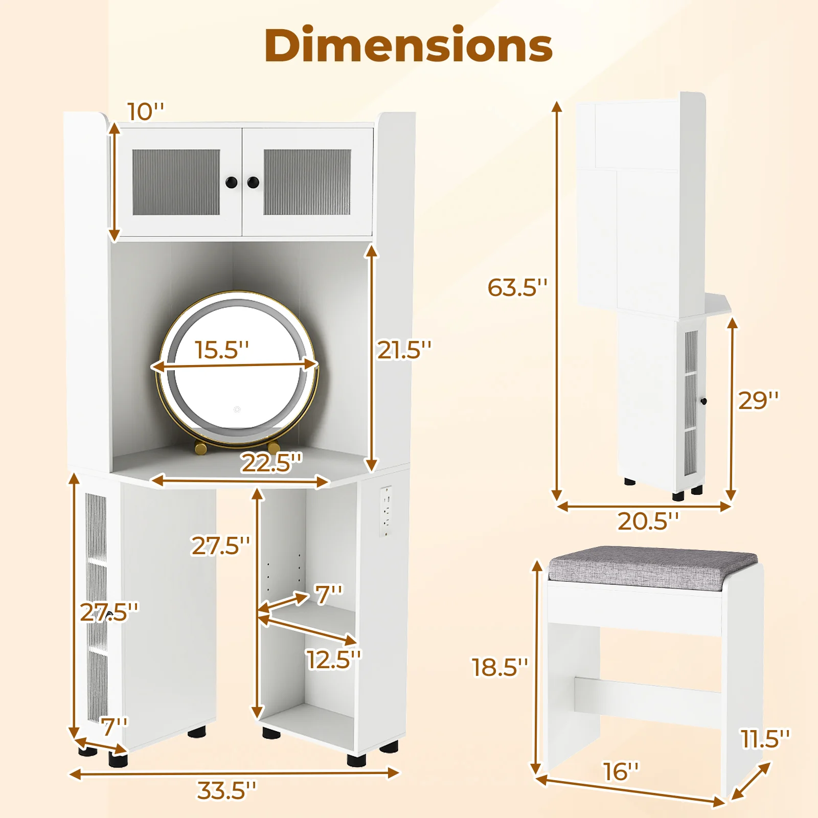 Compact Dressing Corner Vanity Desk with Mirror and Lights, White - Image 5