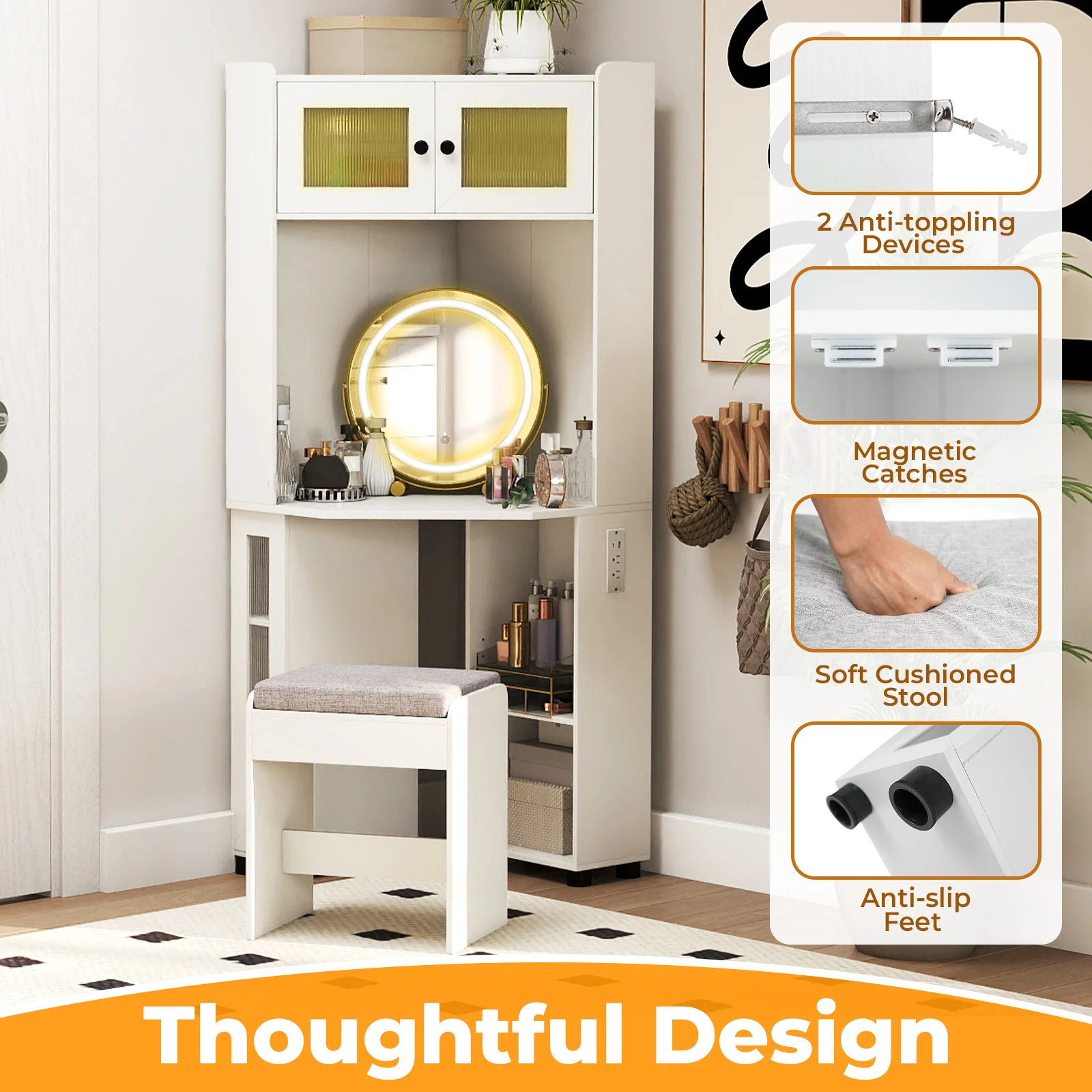 Compact Dressing Corner Vanity Desk with Mirror and Lights, White - Image 7