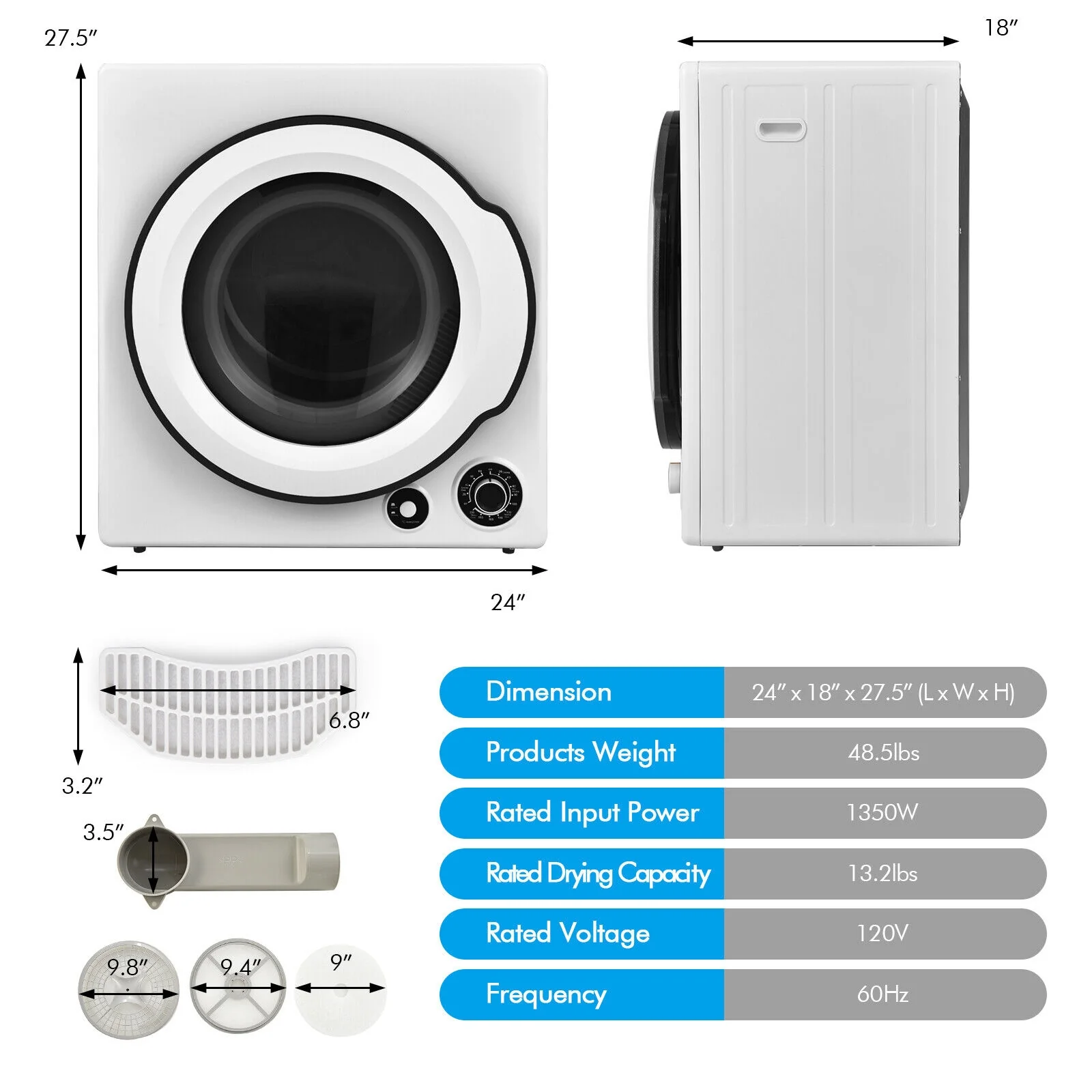 Compact Electric Tumble Laundry Dryer, Stainless Steel Tub, White - Image 6