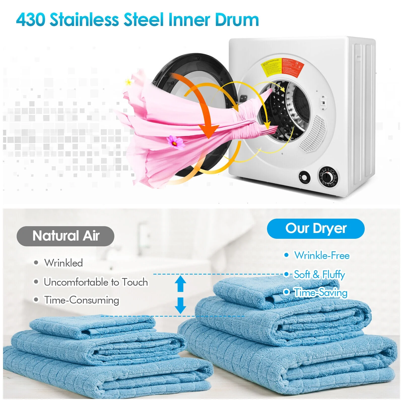 Compact Electric Tumble Laundry Dryer, Stainless Steel Tub, White - Image 8