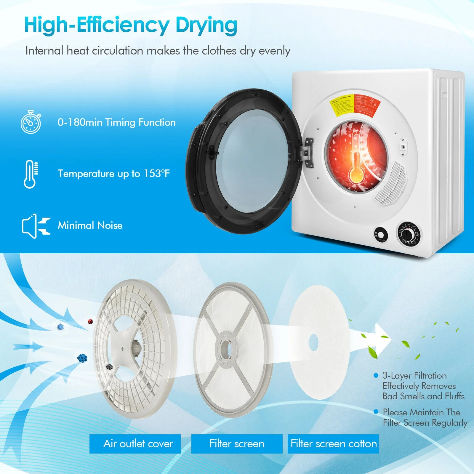 Compact Electric Tumble Laundry Dryer, Stainless Steel Tub, White - Image 9