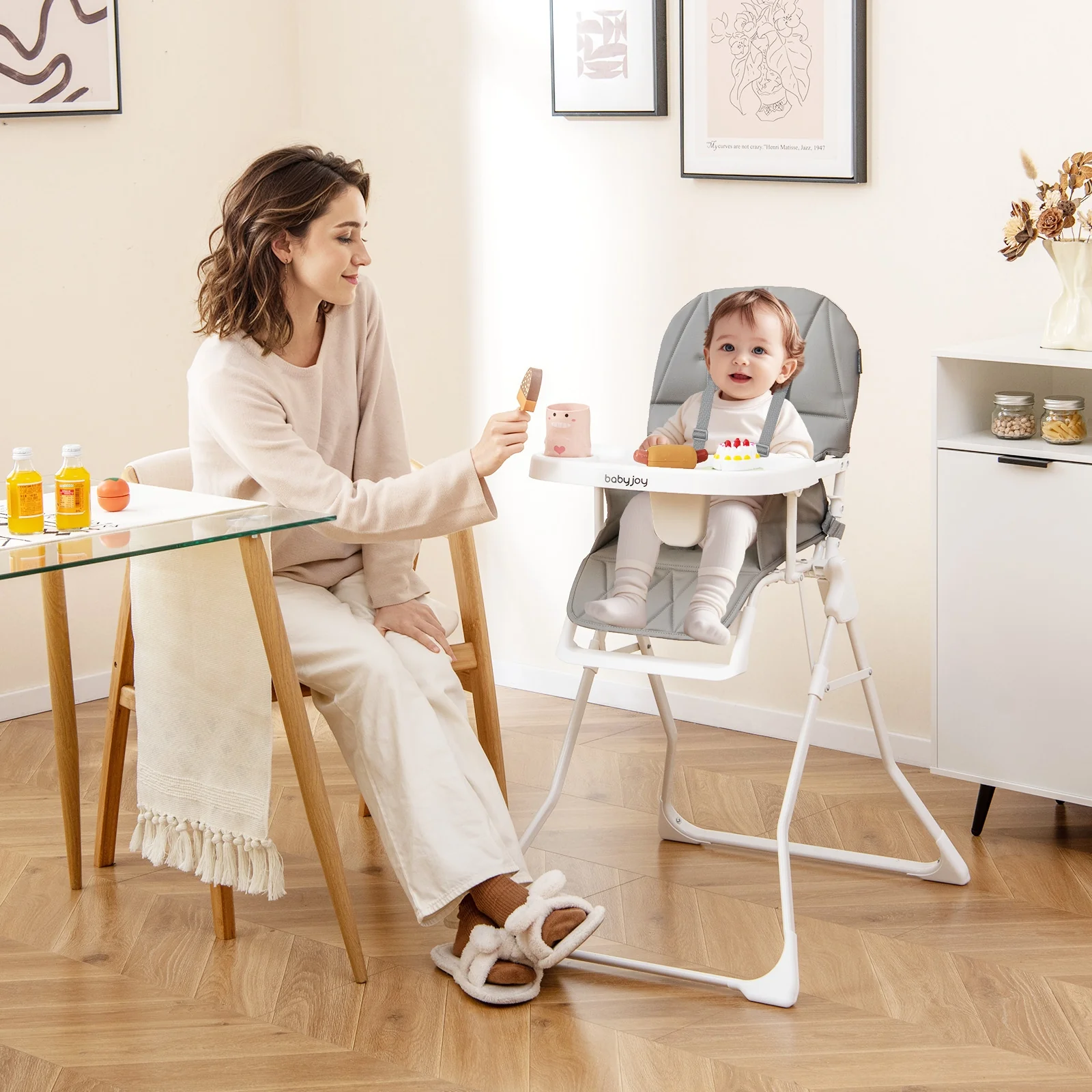 Compact Highchair With Removable Tray, PU Seat Cushion, Gray - Image 3