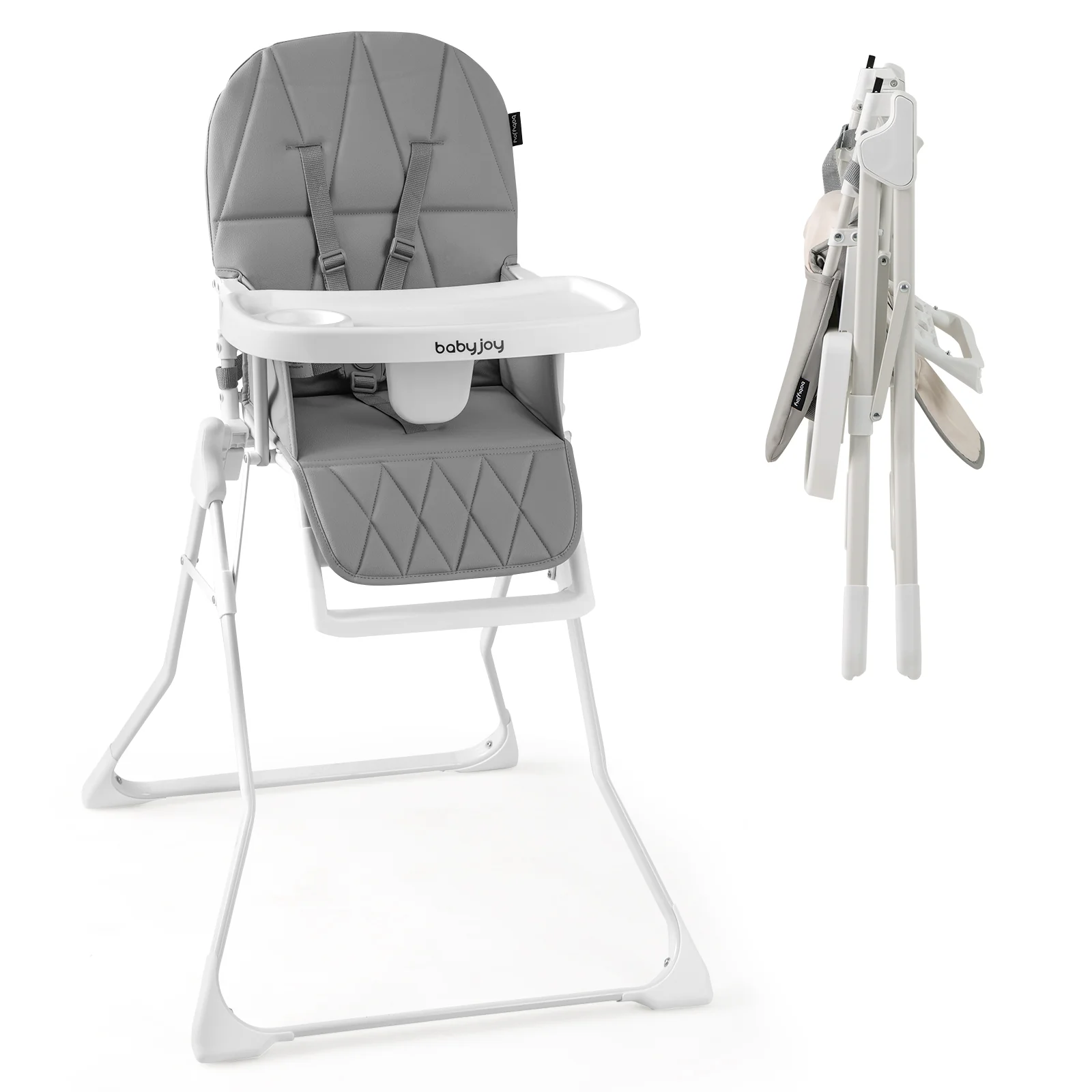 Compact Highchair With Removable Tray, PU Seat Cushion, Gray - Image 5