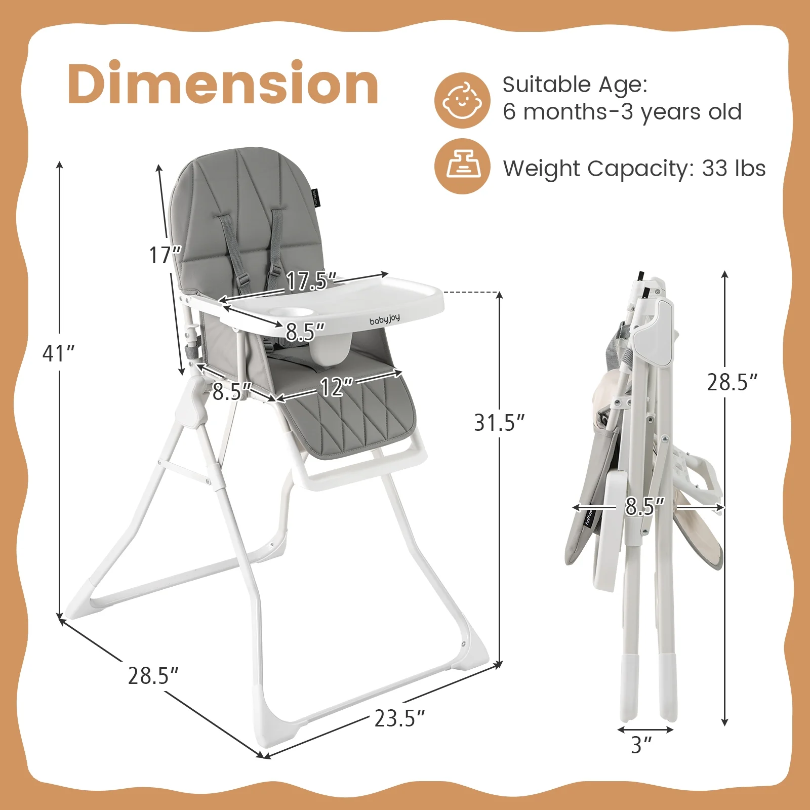 Compact Highchair With Removable Tray, PU Seat Cushion, Gray - Image 6
