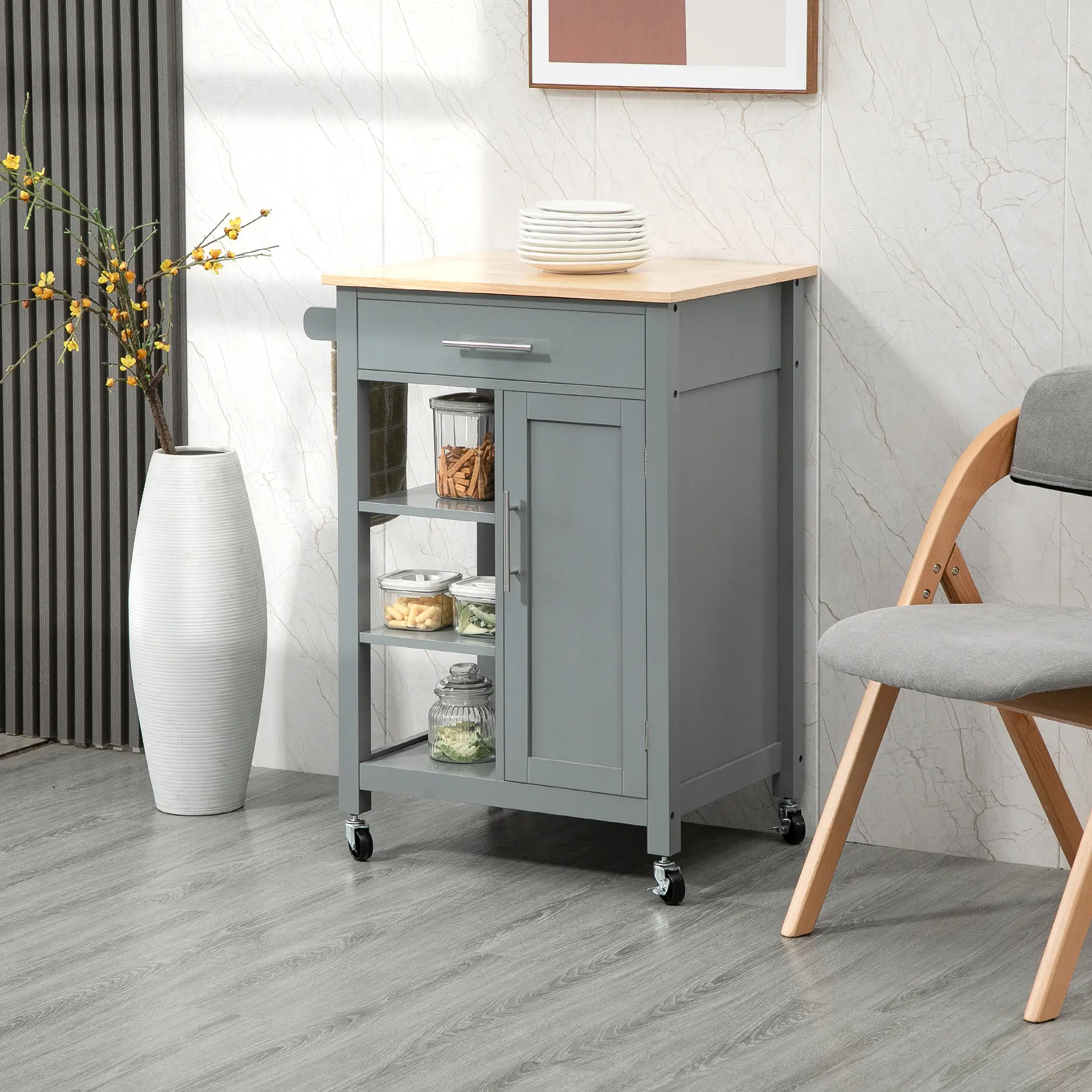 Compact Kitchen Cart on Wheels, Open Shelf, Storage Drawer, Grey - Image 8