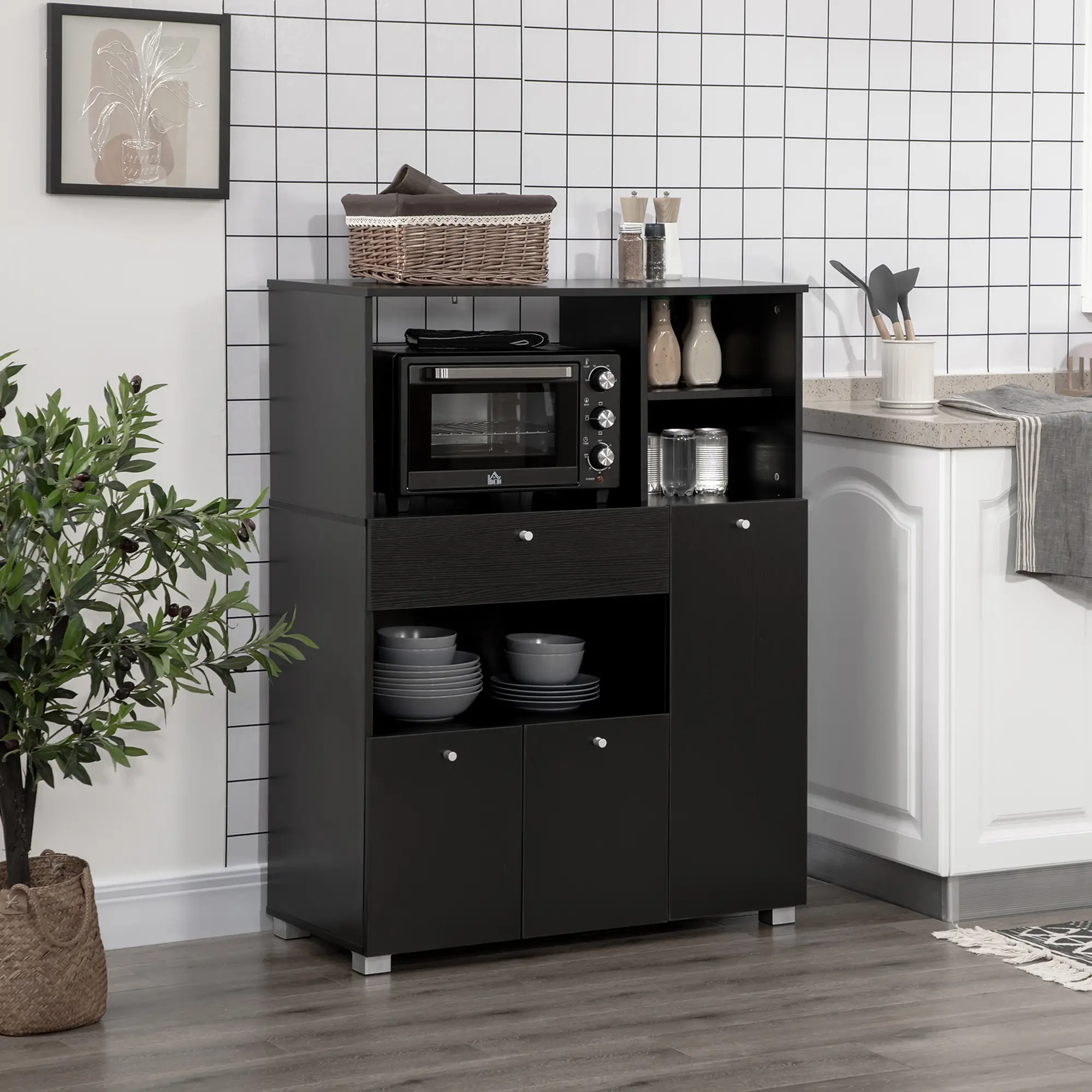 Compact Kitchen Pantry, Buffet Server Hutch, Microwave Stand, Black - Image 2