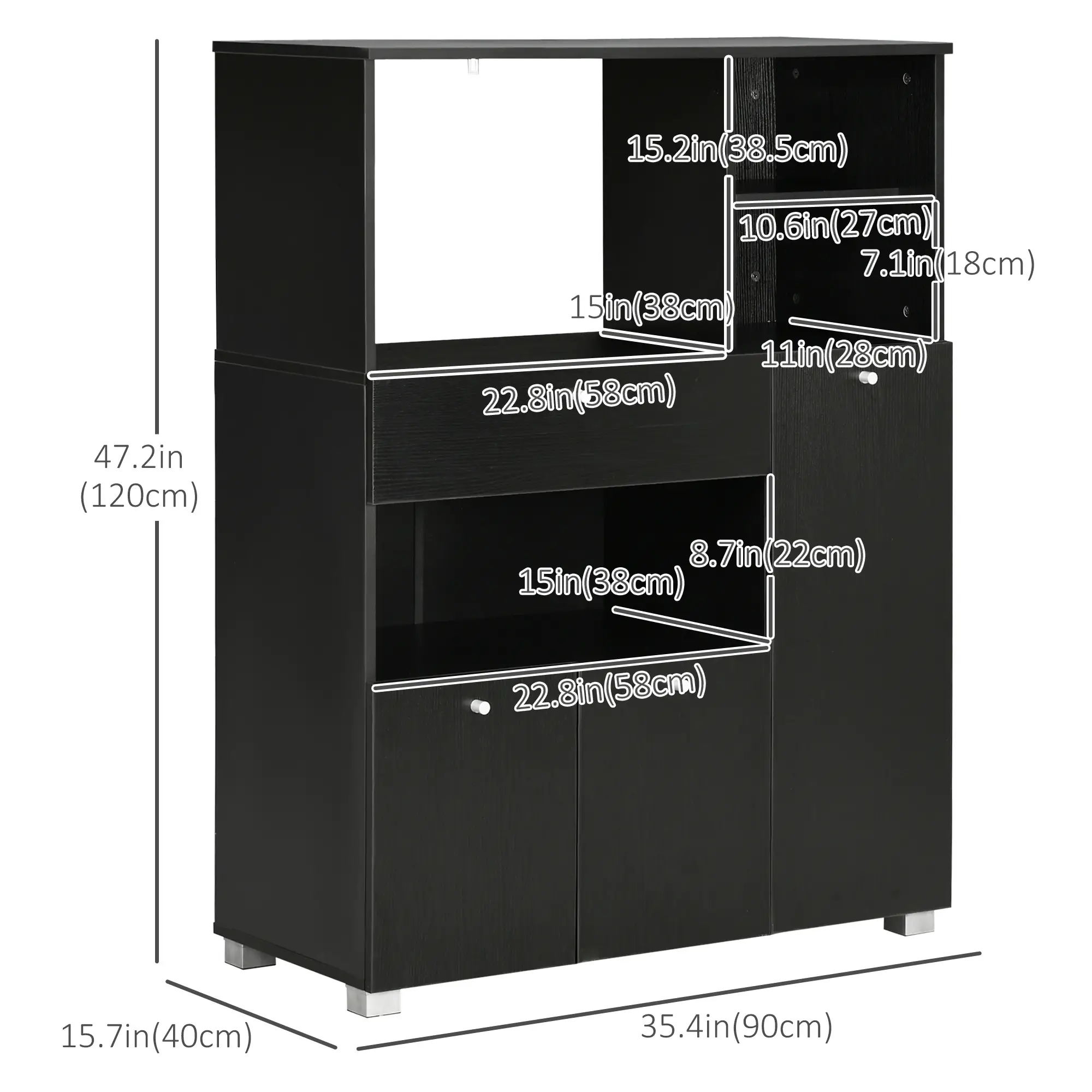 Compact Kitchen Pantry, Buffet Server Hutch, Microwave Stand, Black - Image 3