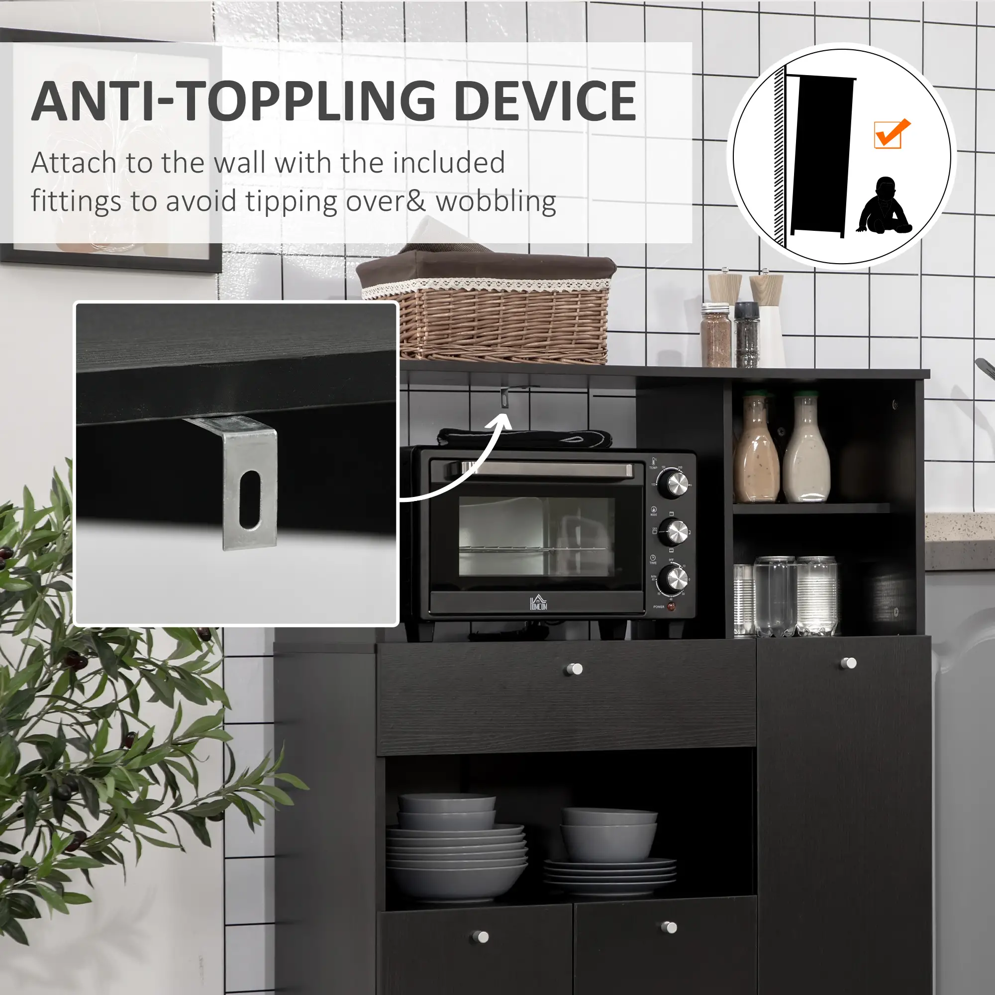 Compact Kitchen Pantry, Buffet Server Hutch, Microwave Stand, Black - Image 5