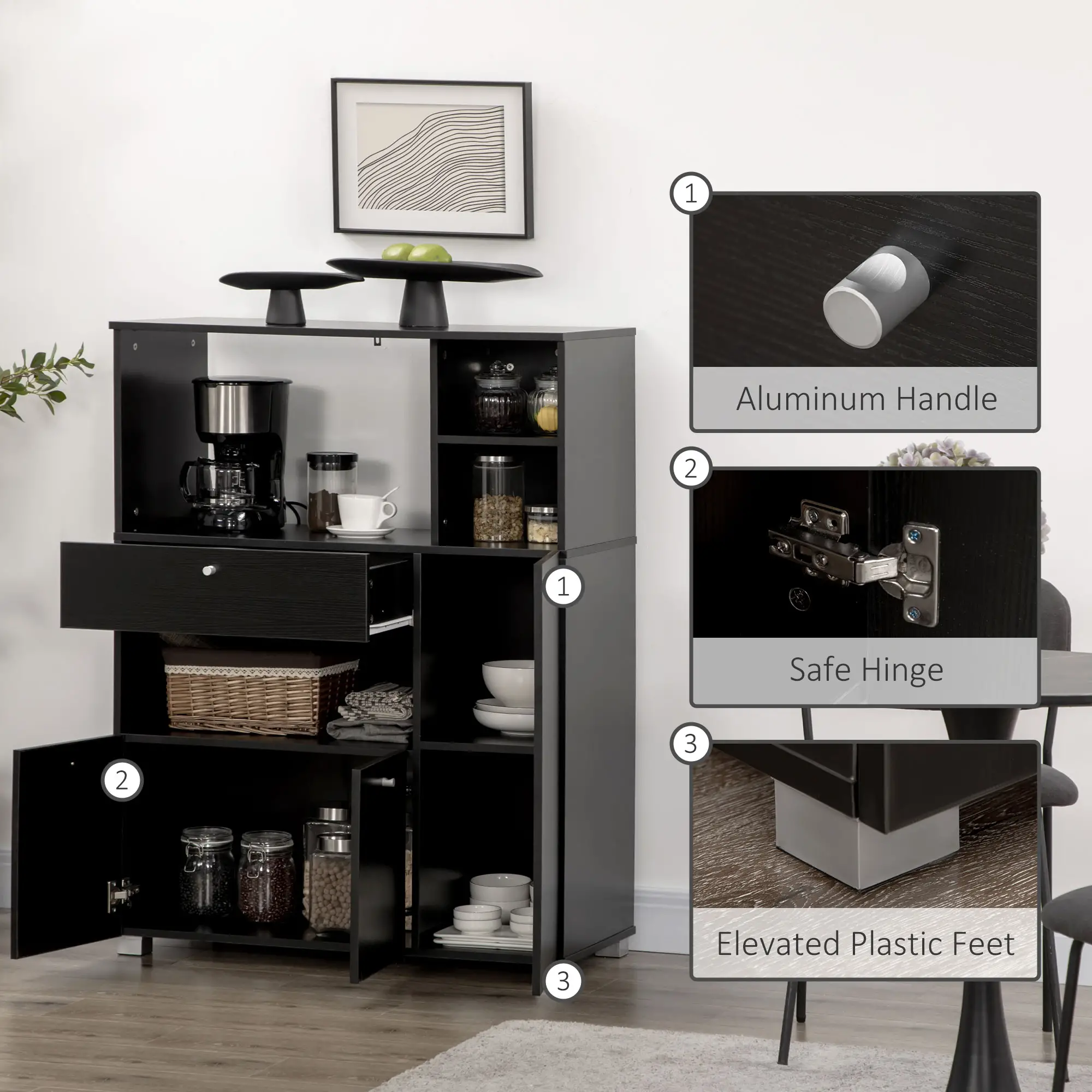 Compact Kitchen Pantry, Buffet Server Hutch, Microwave Stand, Black - Image 6