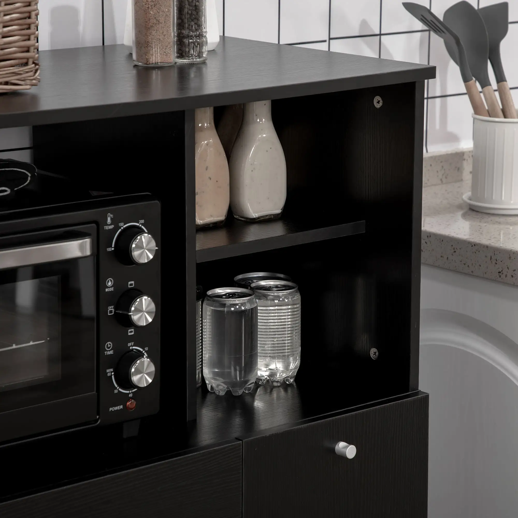 Compact Kitchen Pantry, Buffet Server Hutch, Microwave Stand, Black - Image 7