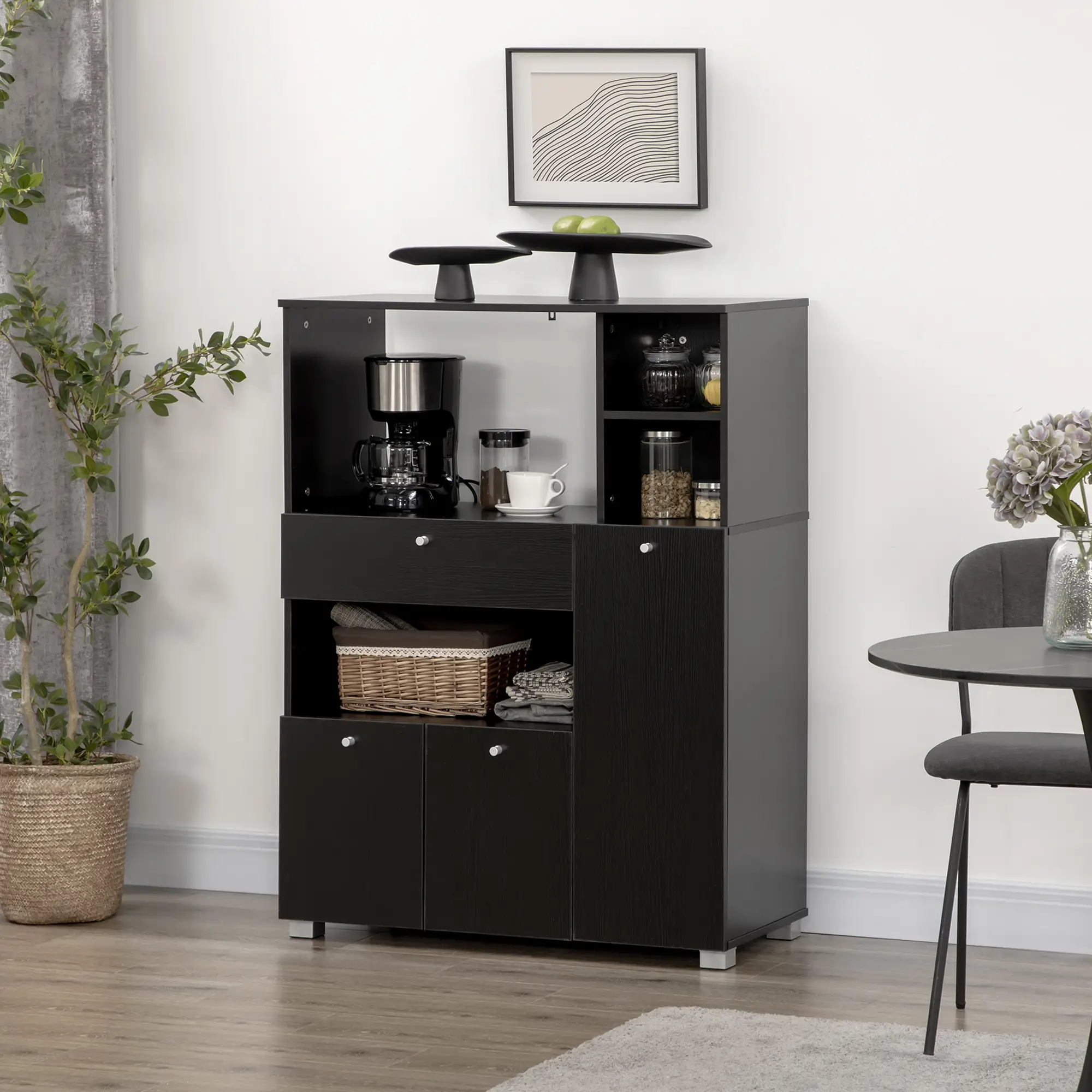 Compact Kitchen Pantry, Buffet Server Hutch, Microwave Stand, Black - Image 8