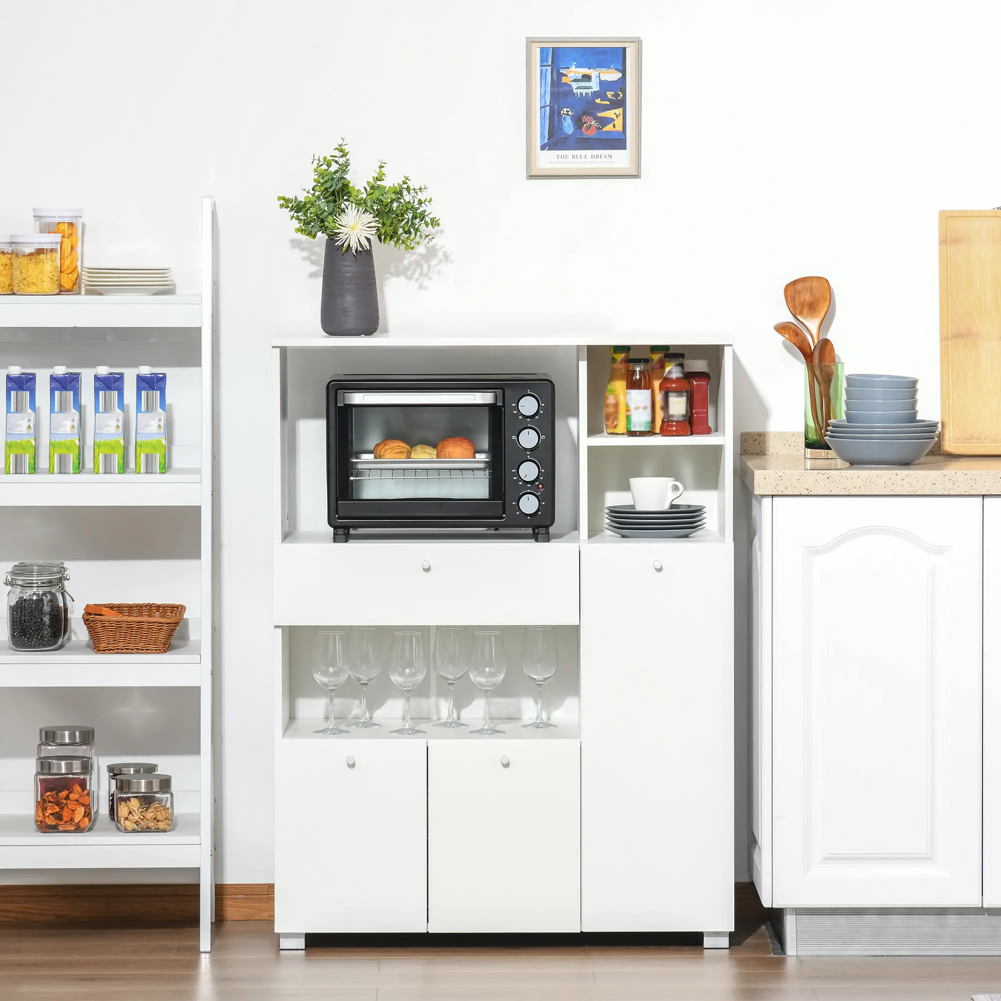 Compact Kitchen Pantry Cabinet, Microwave Stand with Drawer, White - Image 2