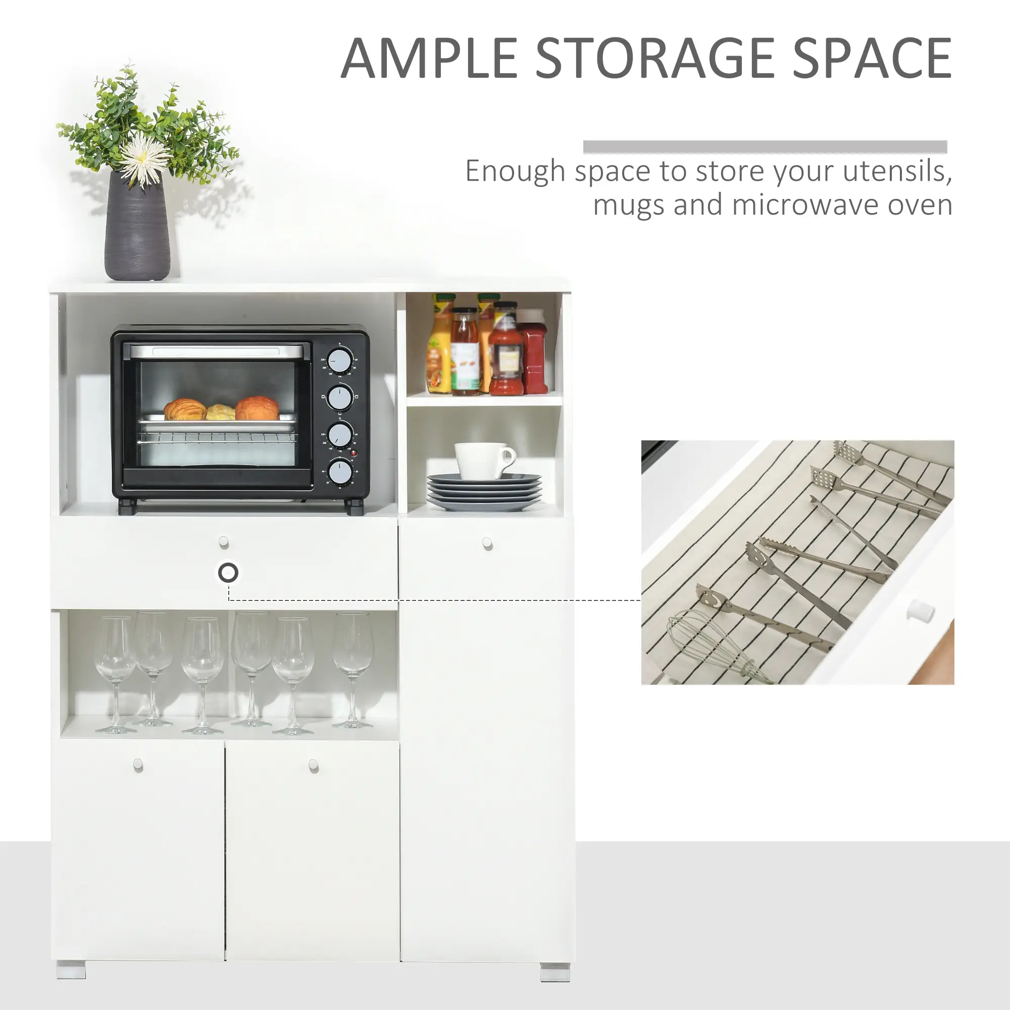 Compact Kitchen Pantry Cabinet, Microwave Stand with Drawer, White - Image 5